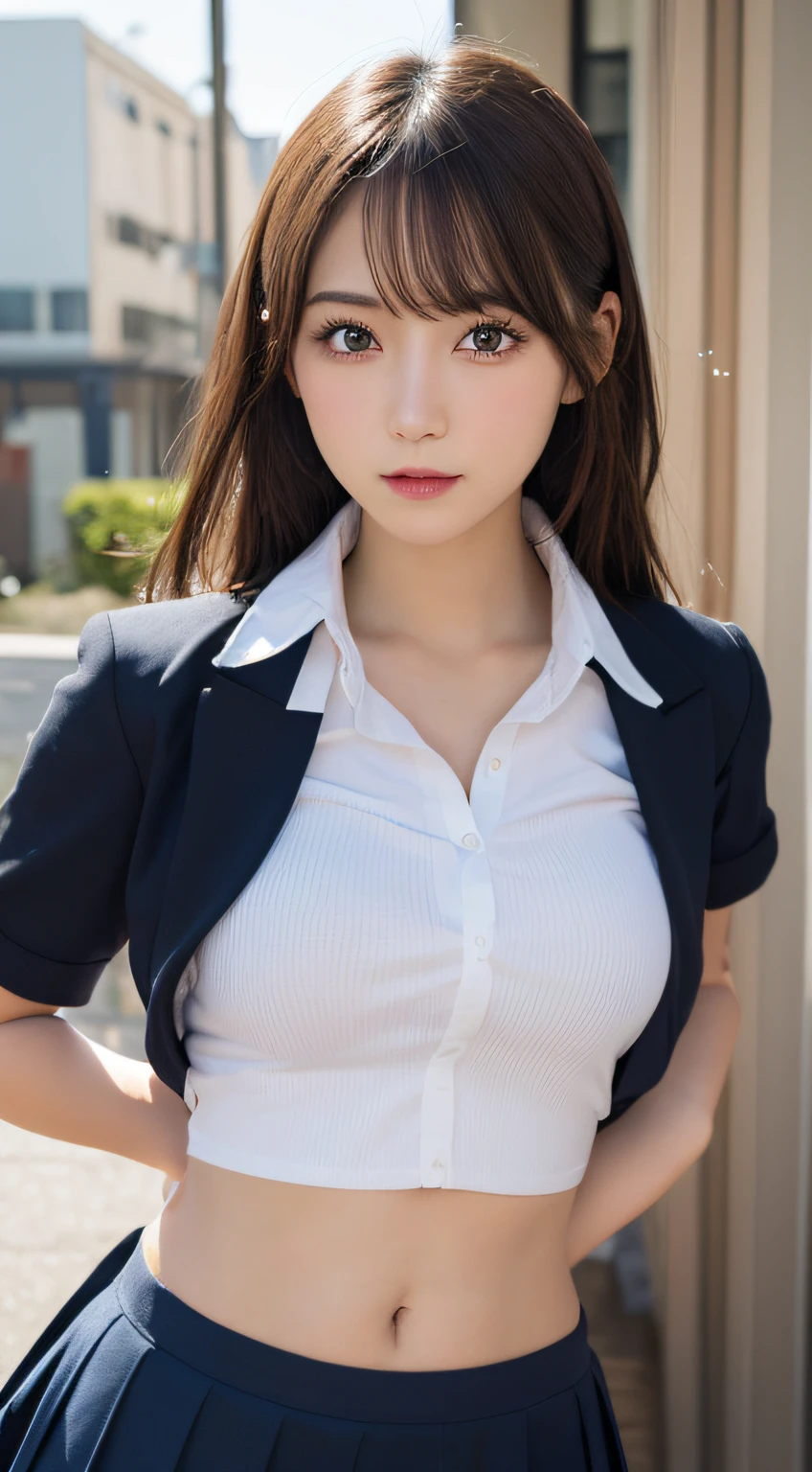 masutepiece, Best Quality, Illustration, Ultra-detailed, finely detail, hight resolution, 8K Wallpaper, Perfect dynamic composition, Beautiful detailed eyes, Natural Lip, school uniform, Big breasts, Full body, navel-baring