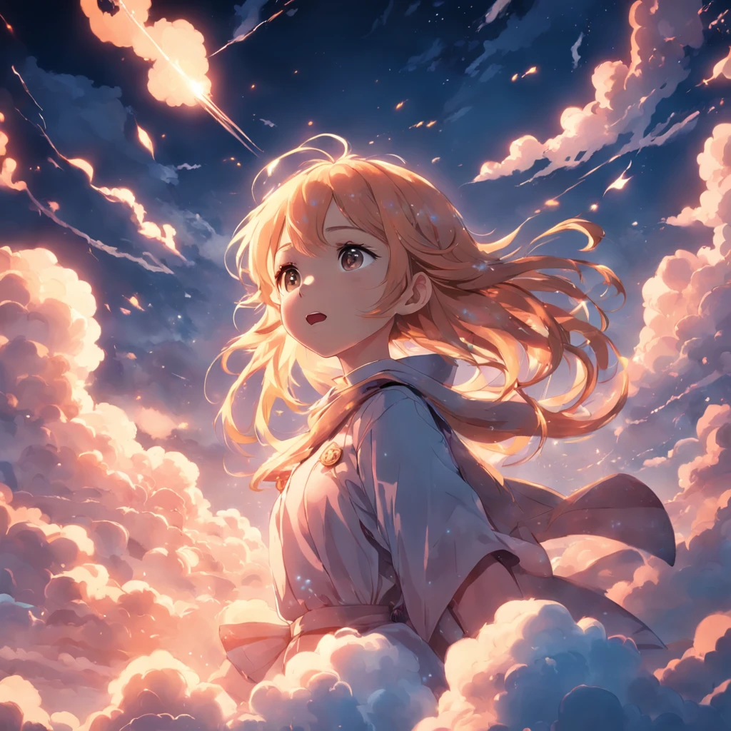 masterpiece, best quality, movie still, 1girl, cloud girl, floating in the sky, close-up, bright, happy, warm soft lighting, sunset, (sparks:0.7)