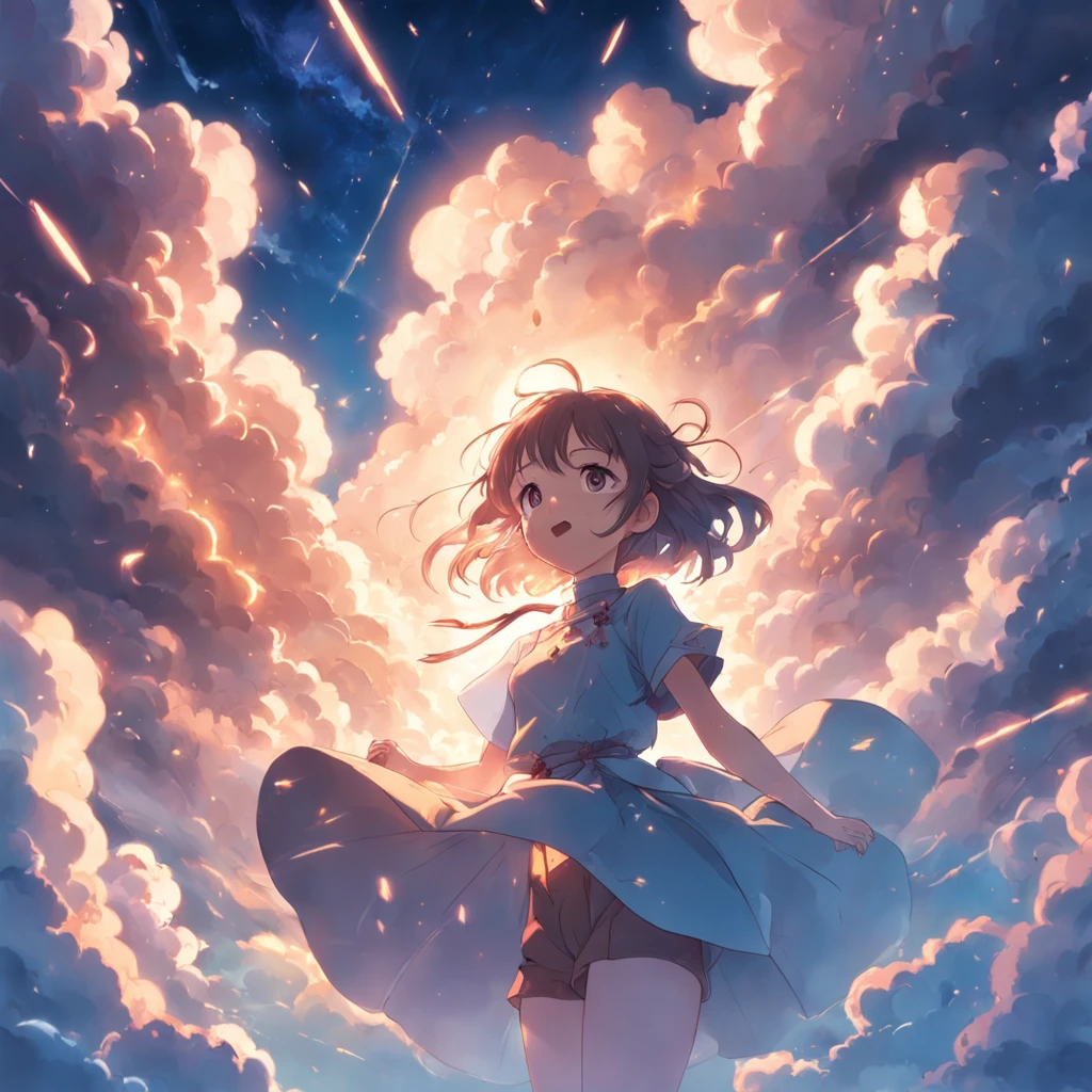 masterpiece, best quality, movie still, 1girl, cloud girl, floating in the sky, close-up, bright, happy, warm soft lighting, sunset, (sparks:0.7)