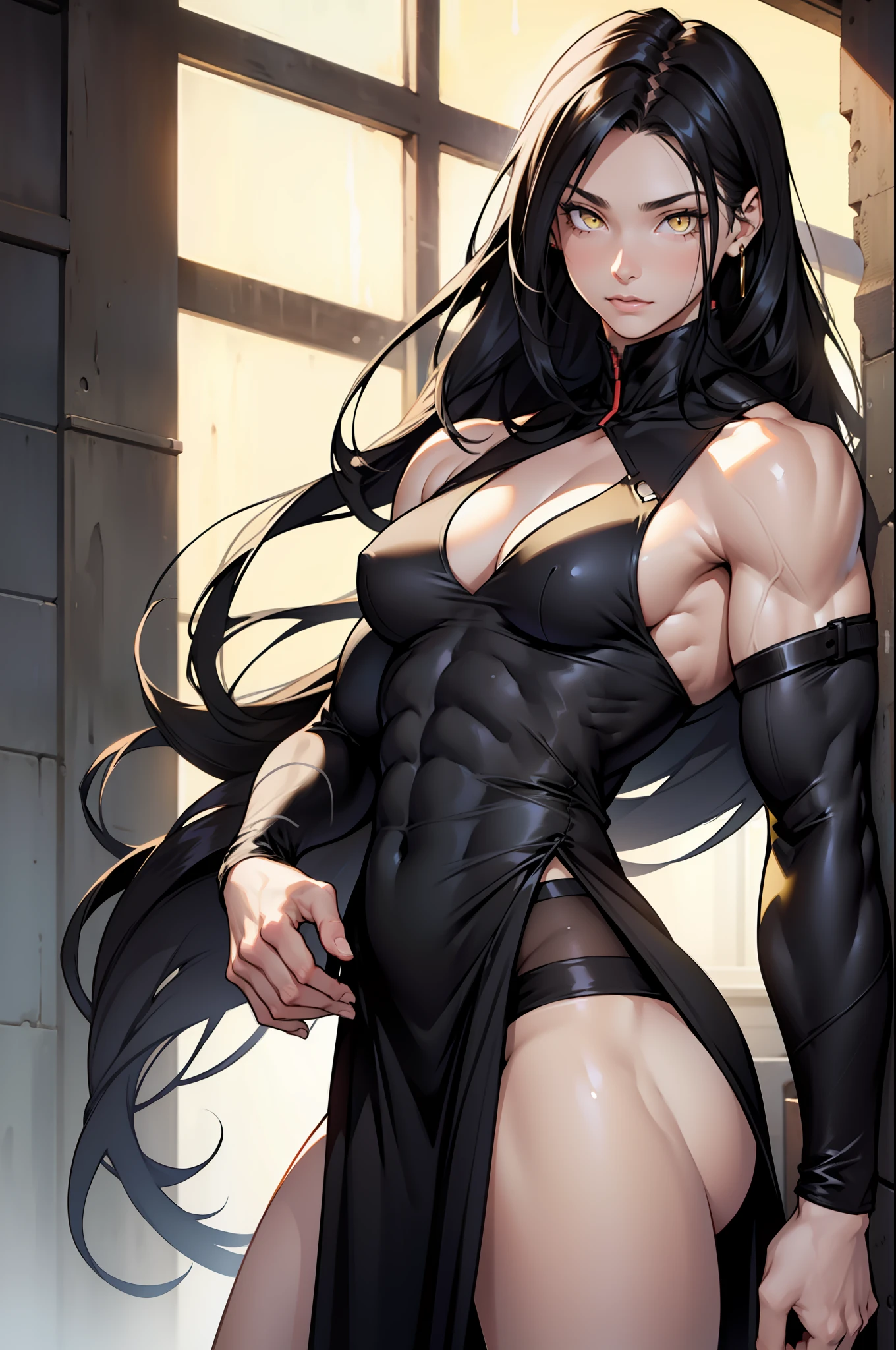 ((((1 girl)))), black hair, yellow eyes, very long hair, ((((muscular)))), tall, pale skin, perky breasts