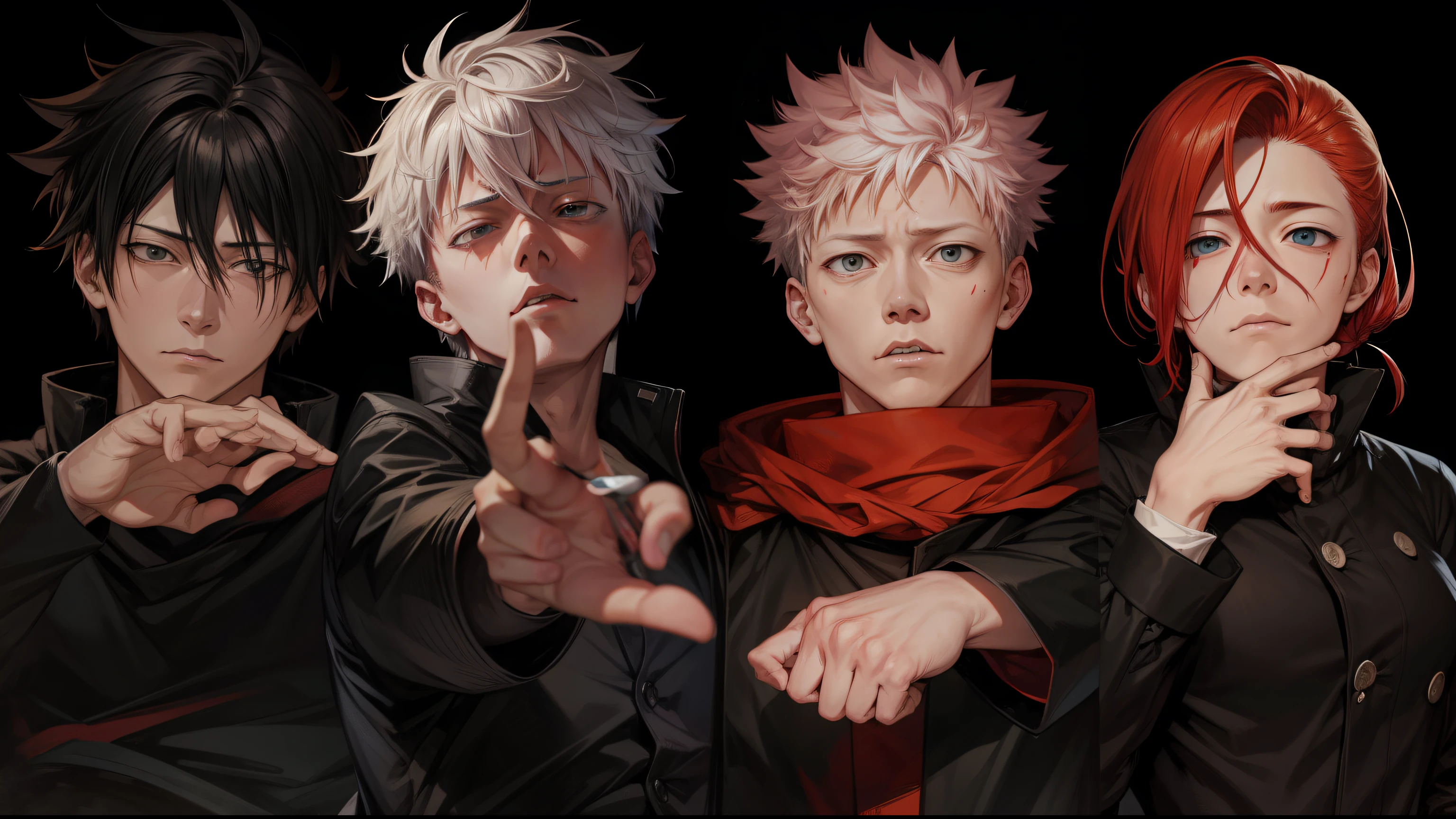 Jujutsu Kaisen , Anime , realistic type painting , make first guy serious, leave other guys as they are
