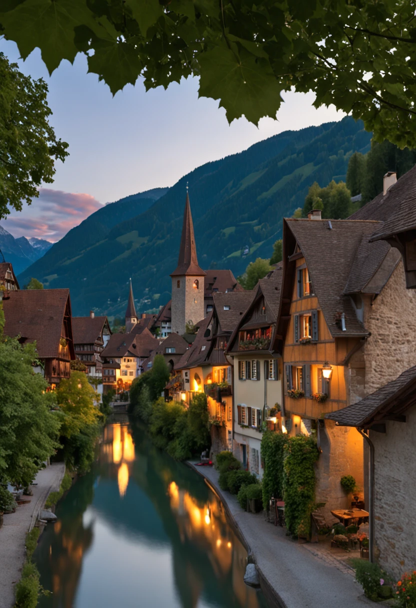 "The beautiful village of Stein am Rhein in Switzerland with its towering mountains and charming village illuminated during the evening, in ultra-detailed and realistic 8K resolution. Vue large depuis le balcon."