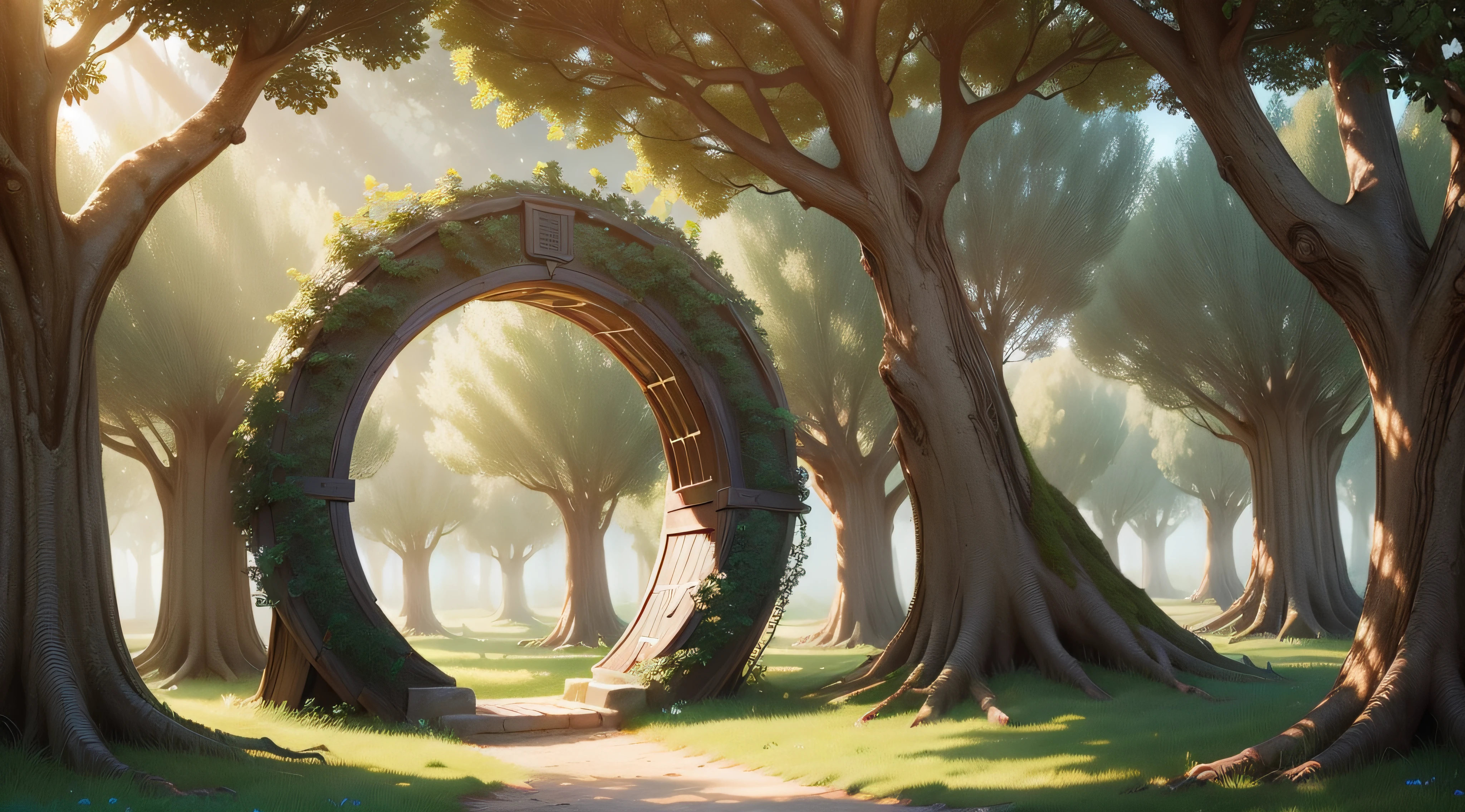 (time travel tree portal:1.4), olive grove, small historical remains, deer on grass, sensual, fantasy art, epic fantasy digital art style, 4k fantasy art, front light, afternoon, warm light, sun rays, blue sky