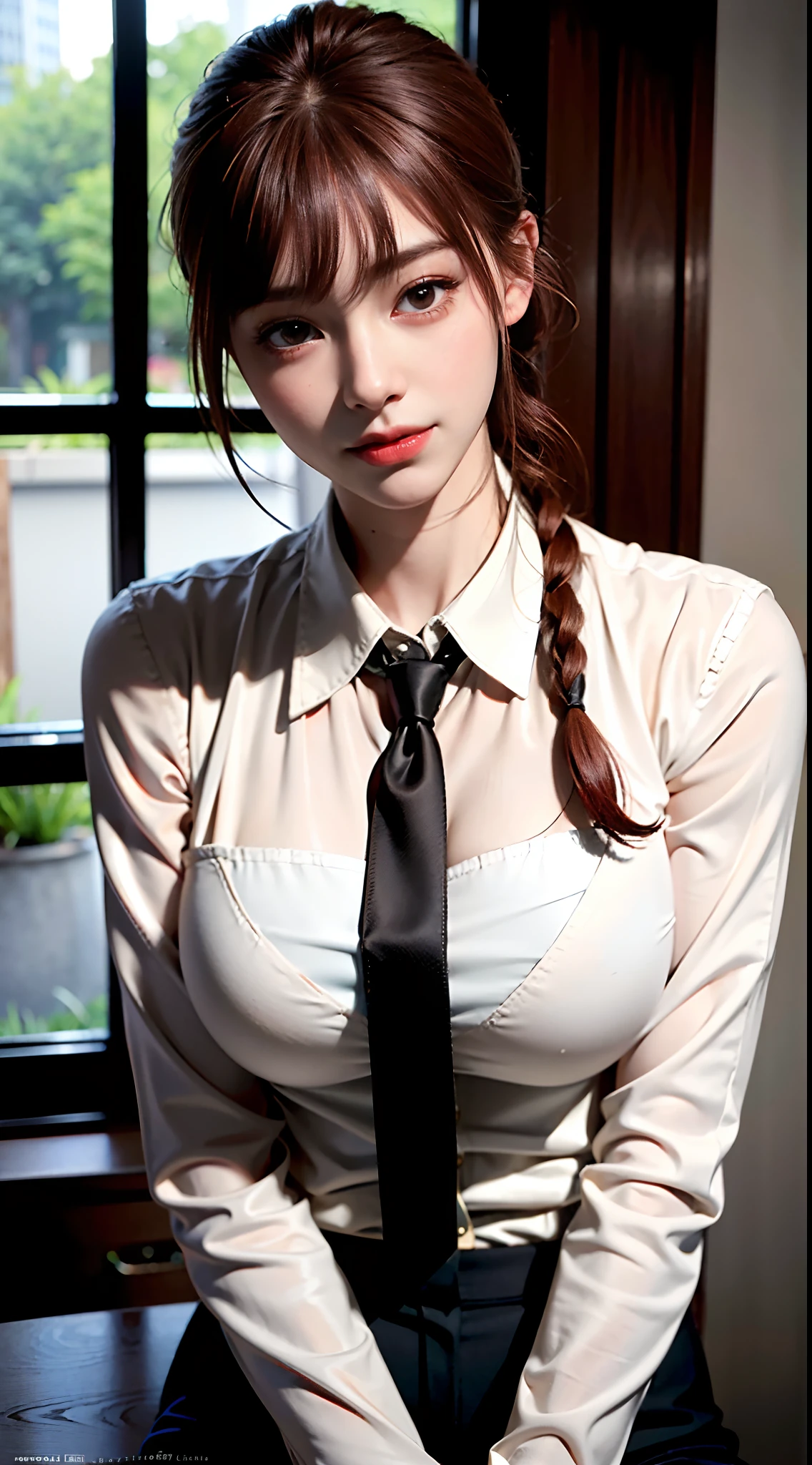 detailed shiny skin, (realistic, photo-realistic:1.4), (round breasts:1.5), a pretty girl, standing, looking out of window, white shirt, collared shirt, black necktie, black trousers, long sleeves, slight smile (nose blush), yellow eyes + ringed eyes, short hair + red hair + long braided hair, makima \(chainsaw man\)