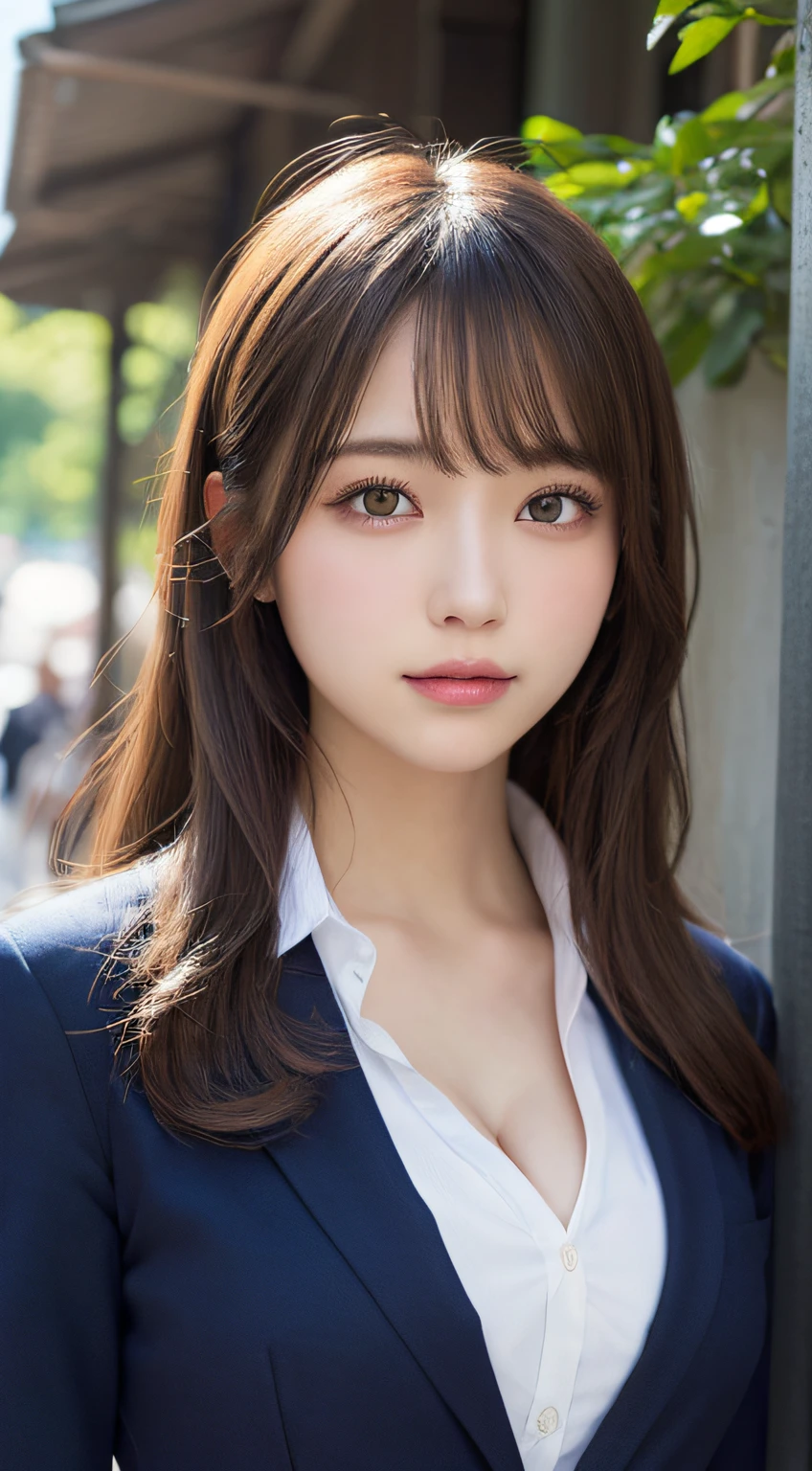 masutepiece, Best Quality, Illustration, Ultra-detailed, finely detail, hight resolution, 8K Wallpaper, Perfect dynamic composition, Beautiful detailed eyes, Natural Lip,blazer ,school uniform, cleavage, Full body