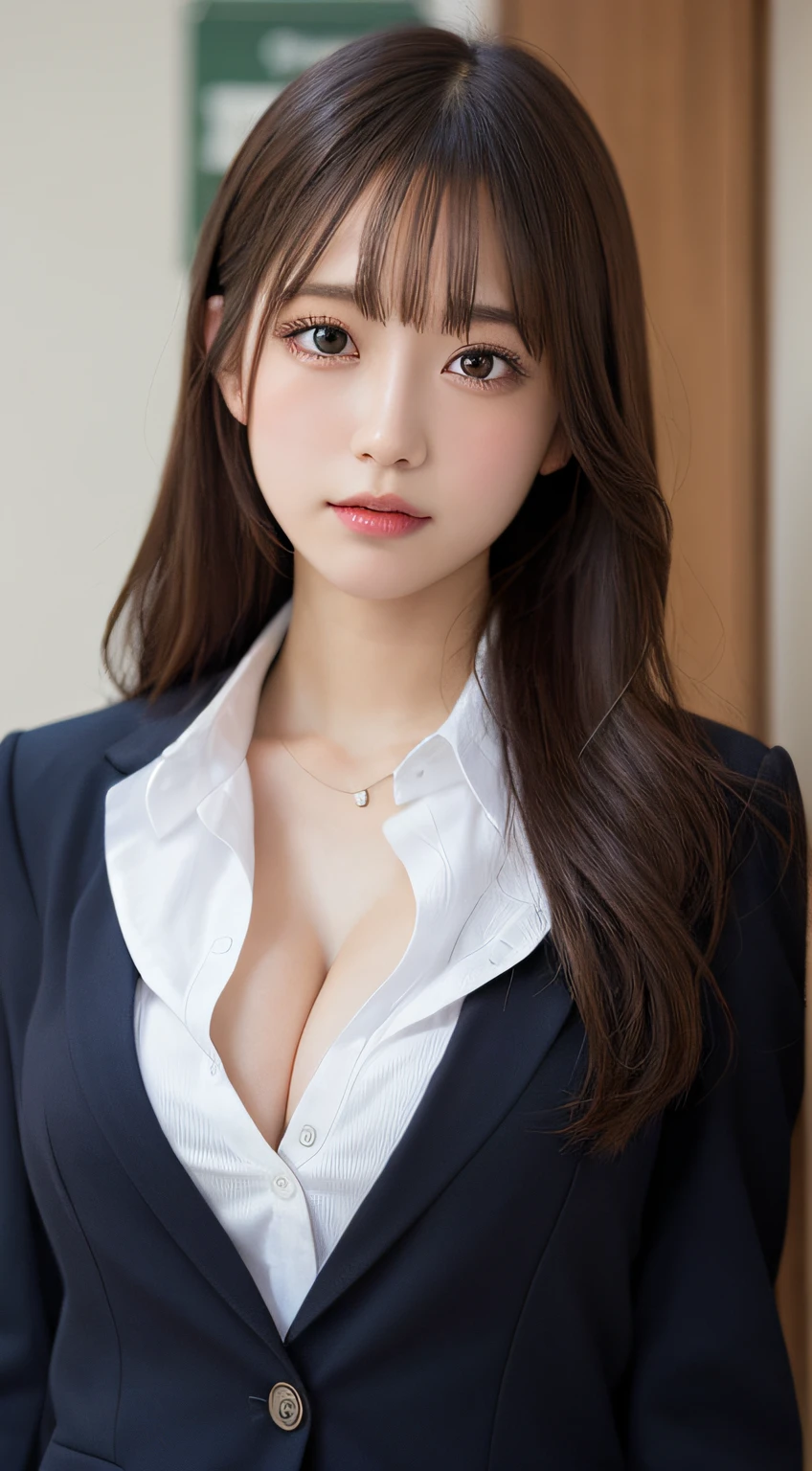masutepiece, Best Quality, Illustration, Ultra-detailed, finely detail, hight resolution, 8K Wallpaper, Perfect dynamic composition, Beautiful detailed eyes,  Natural Lip,blazer ,school uniform, cleavage, Full body
