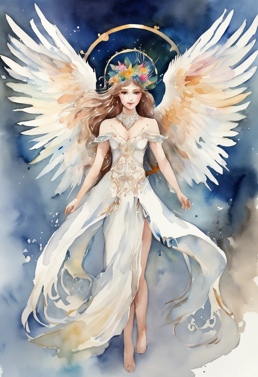 (FULL BODYSHOT:1.4), White background, (1 Angel Girl,Gamine、Glowing wings, Halo, Exquisite headdress, Smile), (watercolor paiting, Geometry), highly colorful