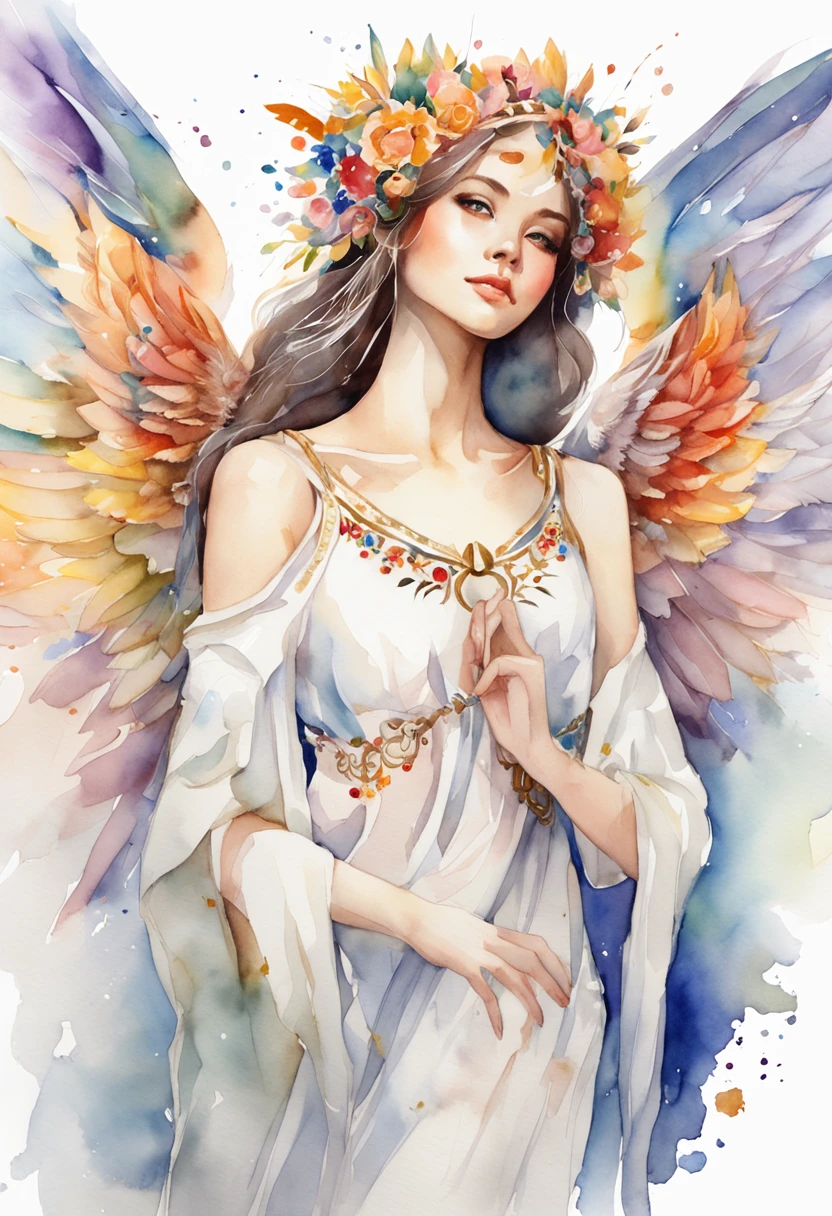 (FULL BODYSHOT:1.4),  White background, (1 Angel Girl,Gamine、Glowing wings, Halo, Exquisite headdress, Smile), (watercolor paiting, Geometry), highly colorful