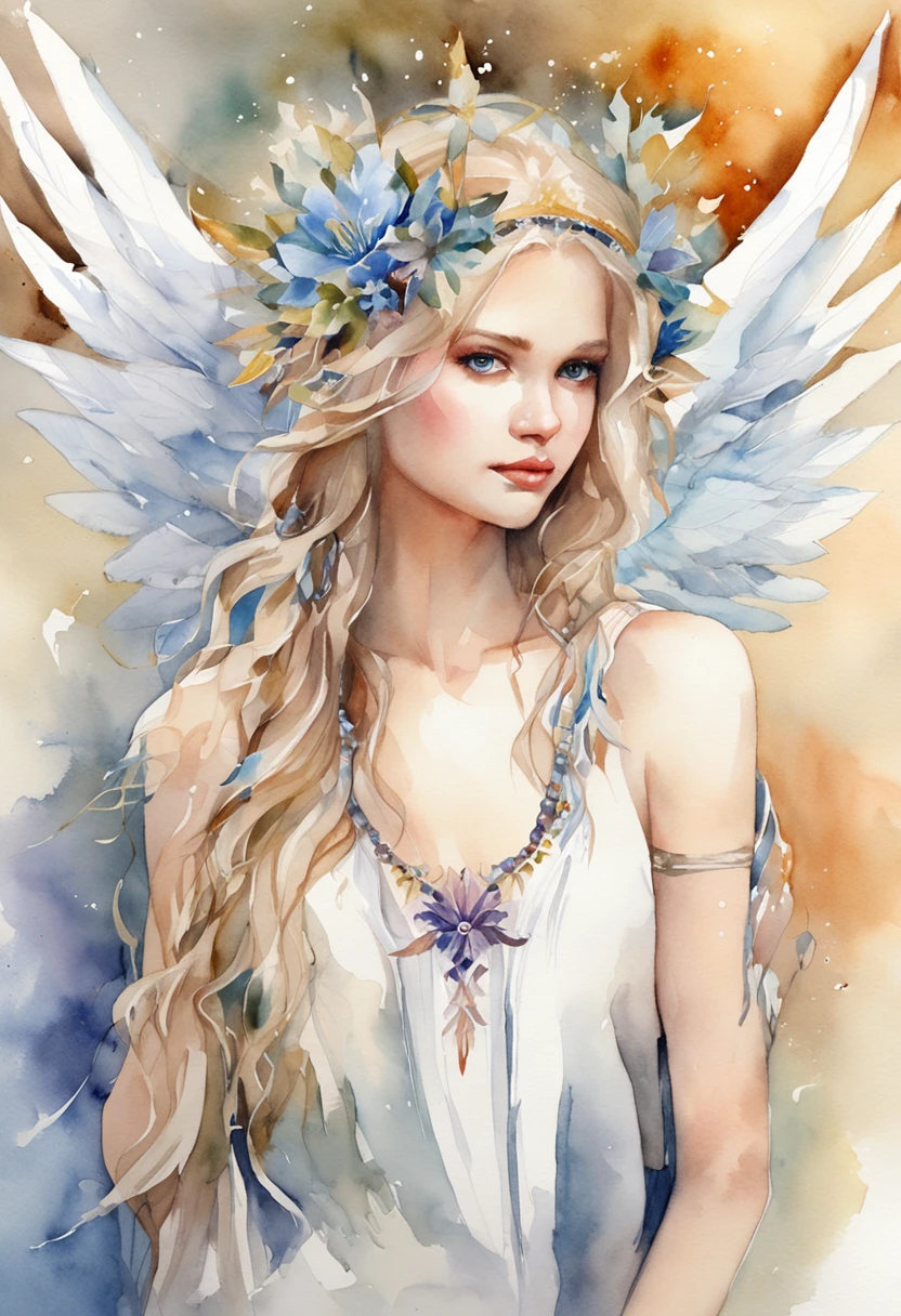 (FULL BODYSHOT:1.4),  White background, (1 Angel Girl,Gamine、Glowing wings, Halo, Exquisite headdress, Smile), (watercolor paiting, Geometry), highly colorful