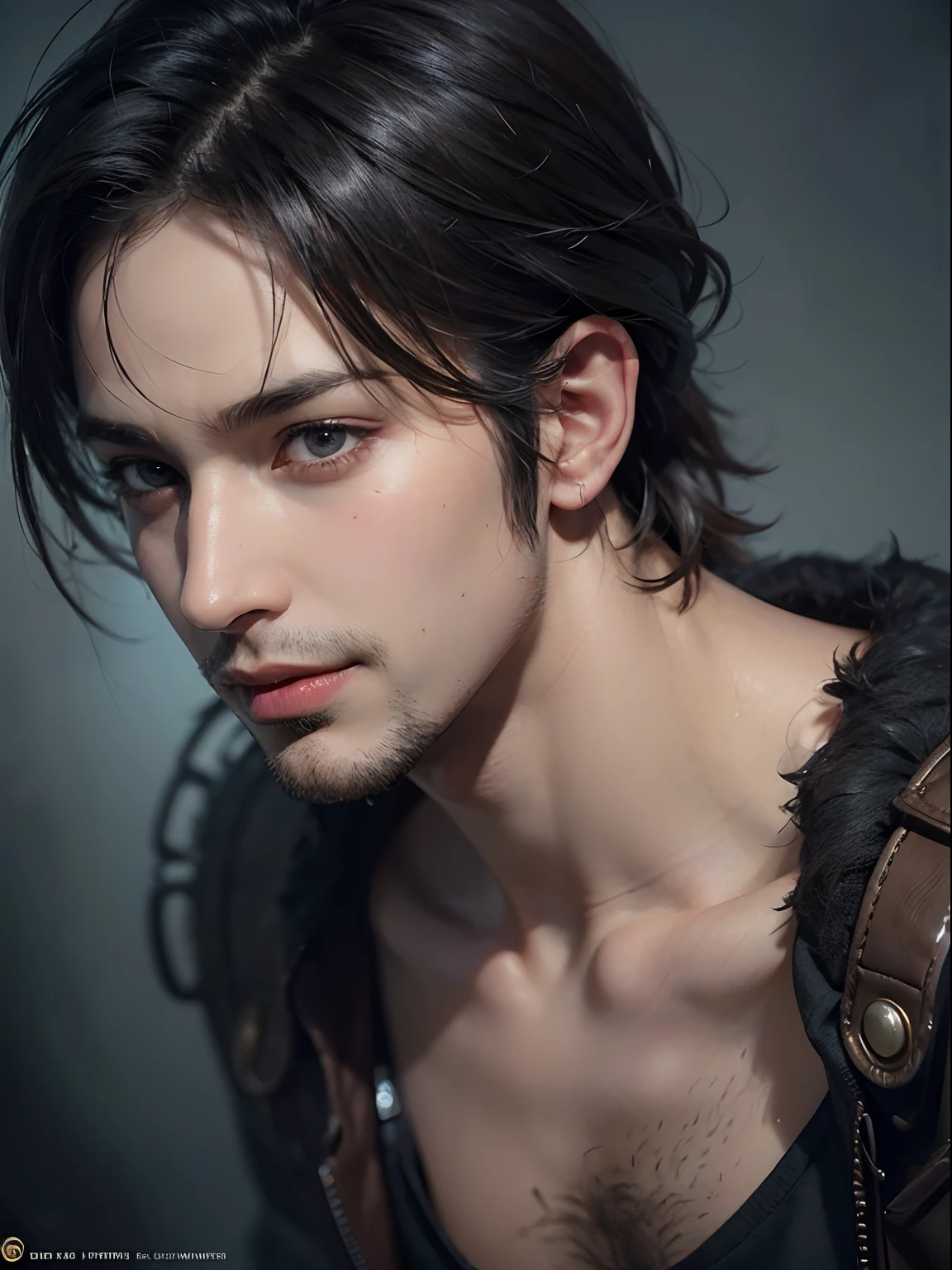 (close up)1man, smirking and grin and handsome young man, solo focus, masculine, young adult face, black short hair, black shirt, dark atmosphere, realistic, dynamic pose realistic, detailed and correct facial structure, LEON S. KENNEDY, handsome, attractive, slightly muscular, cinematic lighting, unreal engine, trending on ArtStation, intricate details,  masterpiece, best quality, by Irakli Nadar, Greg Rutkowski，(((best quality))),(((ultra detailed))),(((masterpiece)))