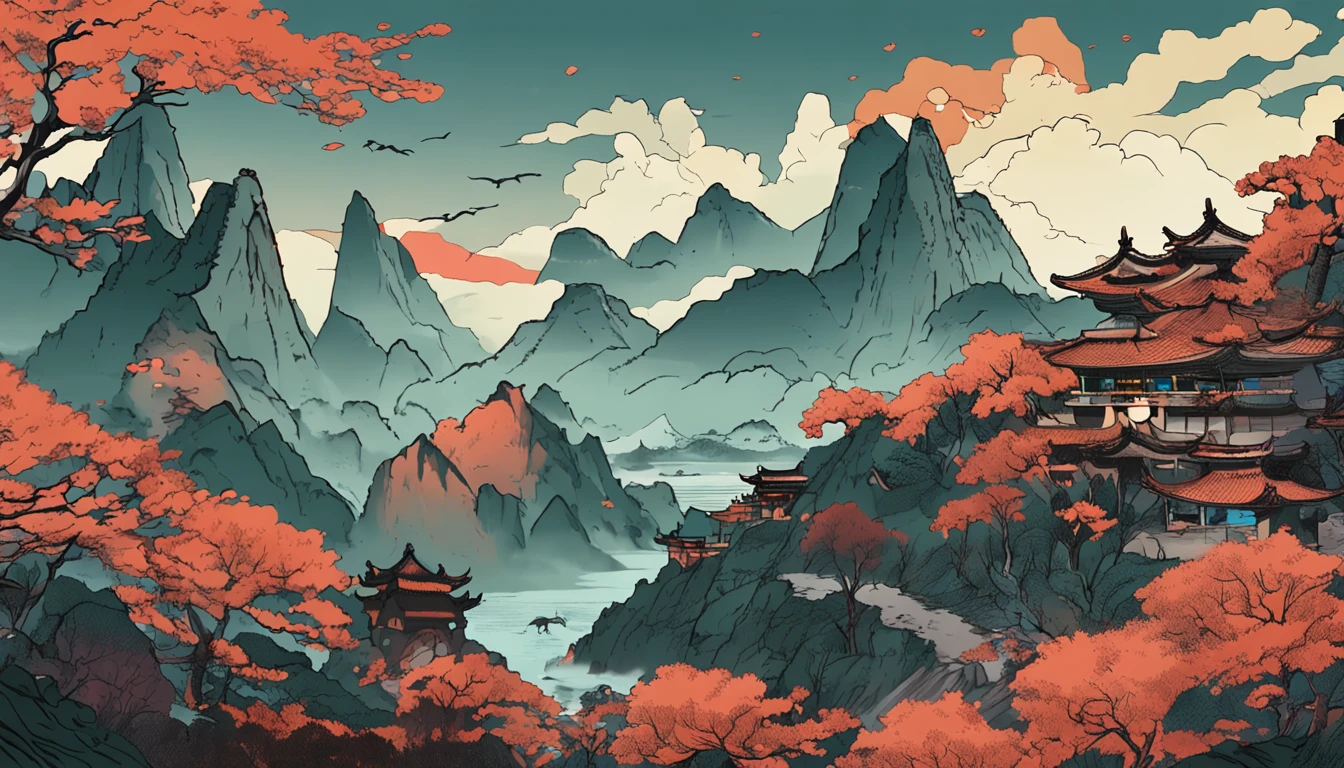 Mountain and Sea Lark Scroll,There are mountains and water in the picture,rios、grassy fields、Sun,Shirasawa、fenghuang、Green Dragon、Xuanwu and many other ancient divine beasts are haunted,Epic composition,shadowing,National style,Light yellow tone