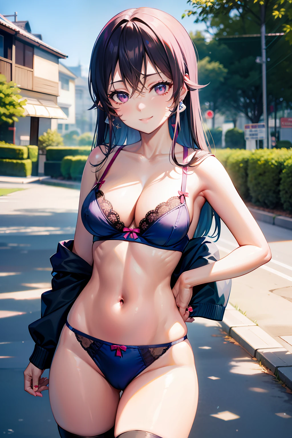 Erina Nakiri、Colossal tits、A dark-haired、a smile、Light blue sailor suit　Navel Ejection、Pink floral bra　Black lace underpants、Ring earrings、is standing、eye glass、schools、Black lace fishnet stockings