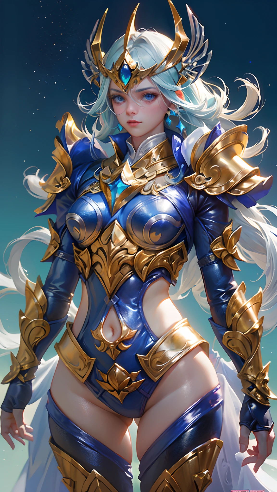 Ultra-high saturation，（tmasterpiece）， fully body photo，（best qualtiy）， （1girll）， starryskybackground，Wearing shiny gold armor， Sexy lingerie type armor，Expose your chest，Expose the waistline，Exposing thighs，cool-pose， Saint Seiya Armor， messy  hair，high detal, Anime style, Cinematic lighting, Sparkle, god light, Ray traching, filmgrain, hyper HD, textureskin, super detailing, Anatomical correct, A high resolution，Ultra-high saturation，hight contrast，High-gloss armor，Smooth skin，Serious expressions,Dark room,