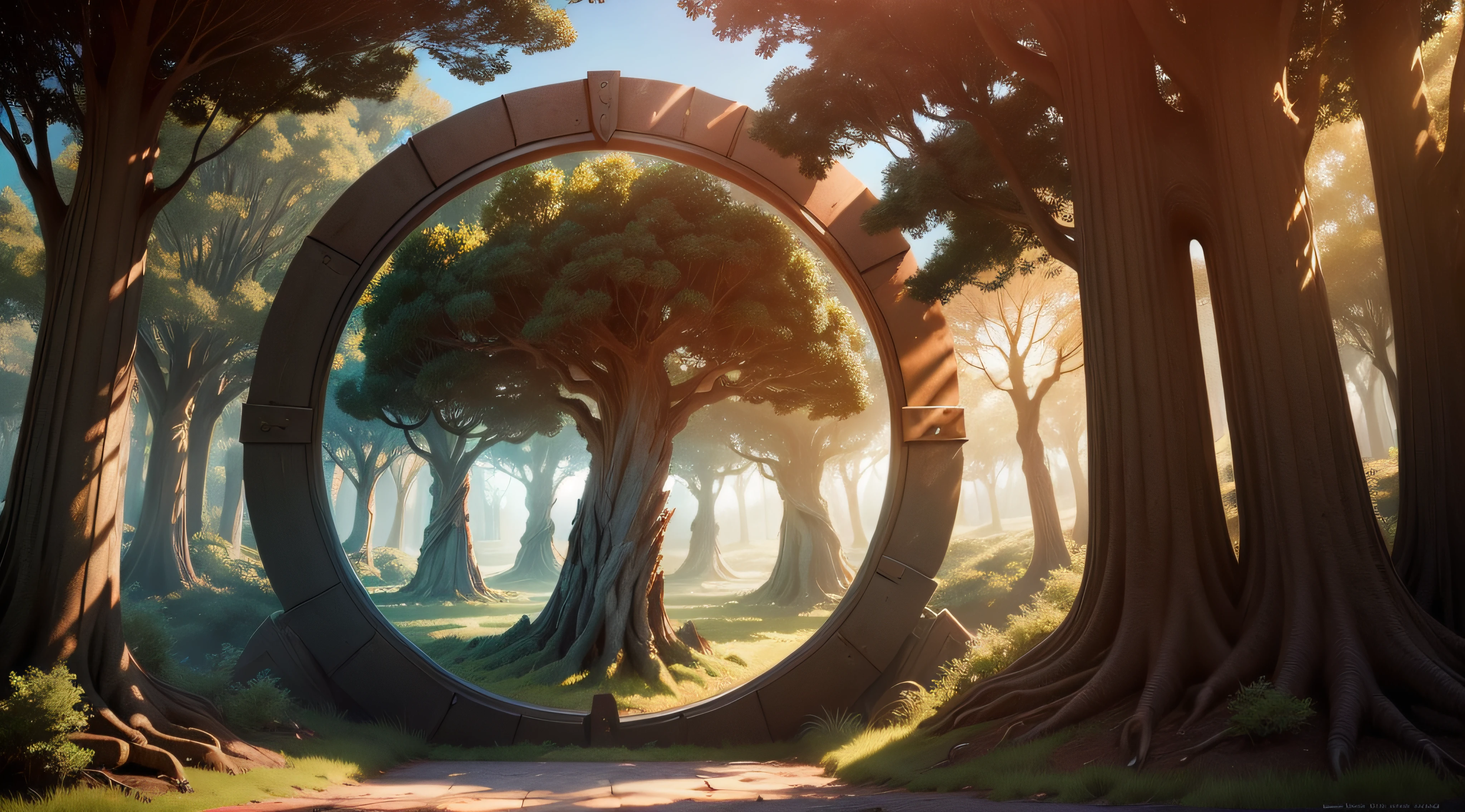 (time travel tree portal:1.4), The dragon blood trees, small historical remains, deer sigouette, sensual, fantasy art, epic fantasy digital art style, 4k fantasy art, front light, afternoon, warm light, sun rays, blue sky