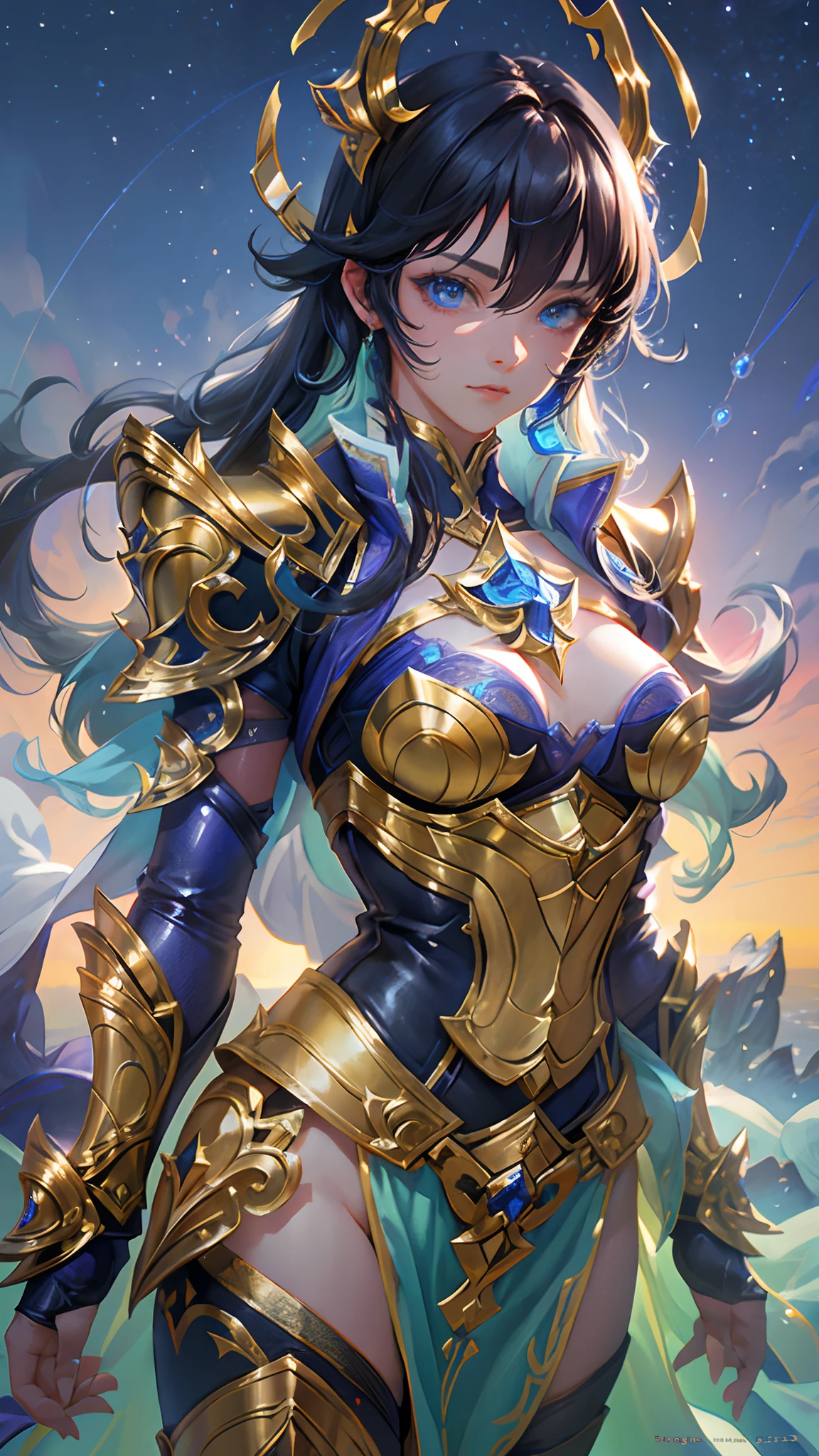 Ultra-high saturation，（tmasterpiece）， fully body photo，（best qualtiy）， （1girll）， starryskybackground，Wearing shiny gold armor， Sexy lingerie type armor，Expose your chest，Expose the waistline，Exposing thighs，cool-pose， Saint Seiya Armor， messy  hair，high detal, Anime style, Cinematic lighting, Sparkle, god light, Ray traching, filmgrain, hyper HD, textureskin, super detailing, Anatomical correct, A high resolution，Ultra-high saturation，hight contrast，High-gloss armor，Smooth skin，Serious expressions,Dark room,
