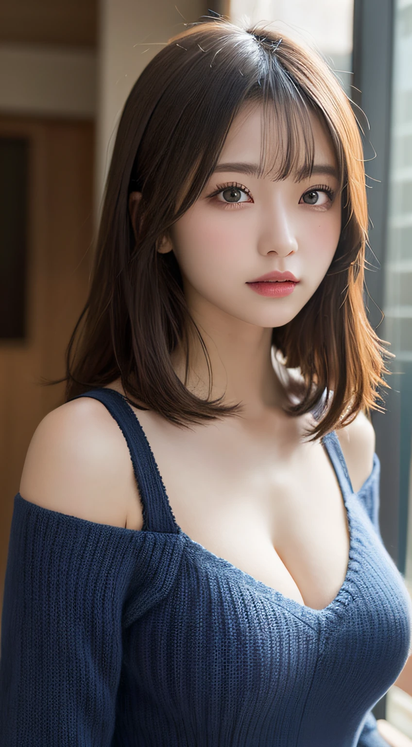 masutepiece, Best Quality, Illustration, Ultra-detailed, finely detail, hight resolution, 8K Wallpaper, Perfect dynamic composition, Beautiful detailed eyes, Natural Lip, Dark blue knitted dress , Big breasts, cleavage