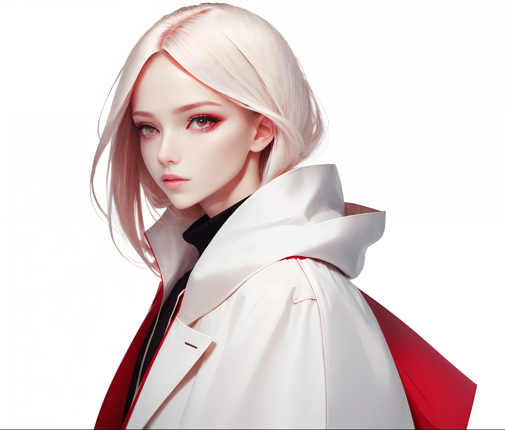whaite hair,Manteau blanc,white skinned,Red eyes