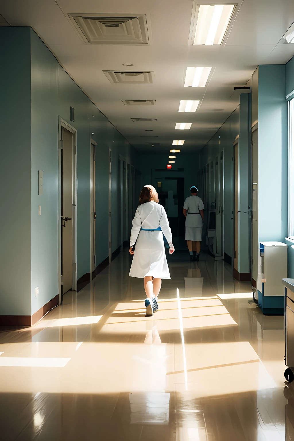 Hay una mujer con un vestido blanco caminando por el pasillo de un hospital, con una bata blanca de hospital, Trabajador de la salud, usar una bata de hospital, en el hospital en bata de paciente, Foto de archivo, Hospital lighting, Shutterstock, Interior del hospital, enfermera, hospital, Sala de hospital, infirmary, walking towards the camera, hospital room, nurse girl, batas de enfermera, Antecedentes hospitalarios