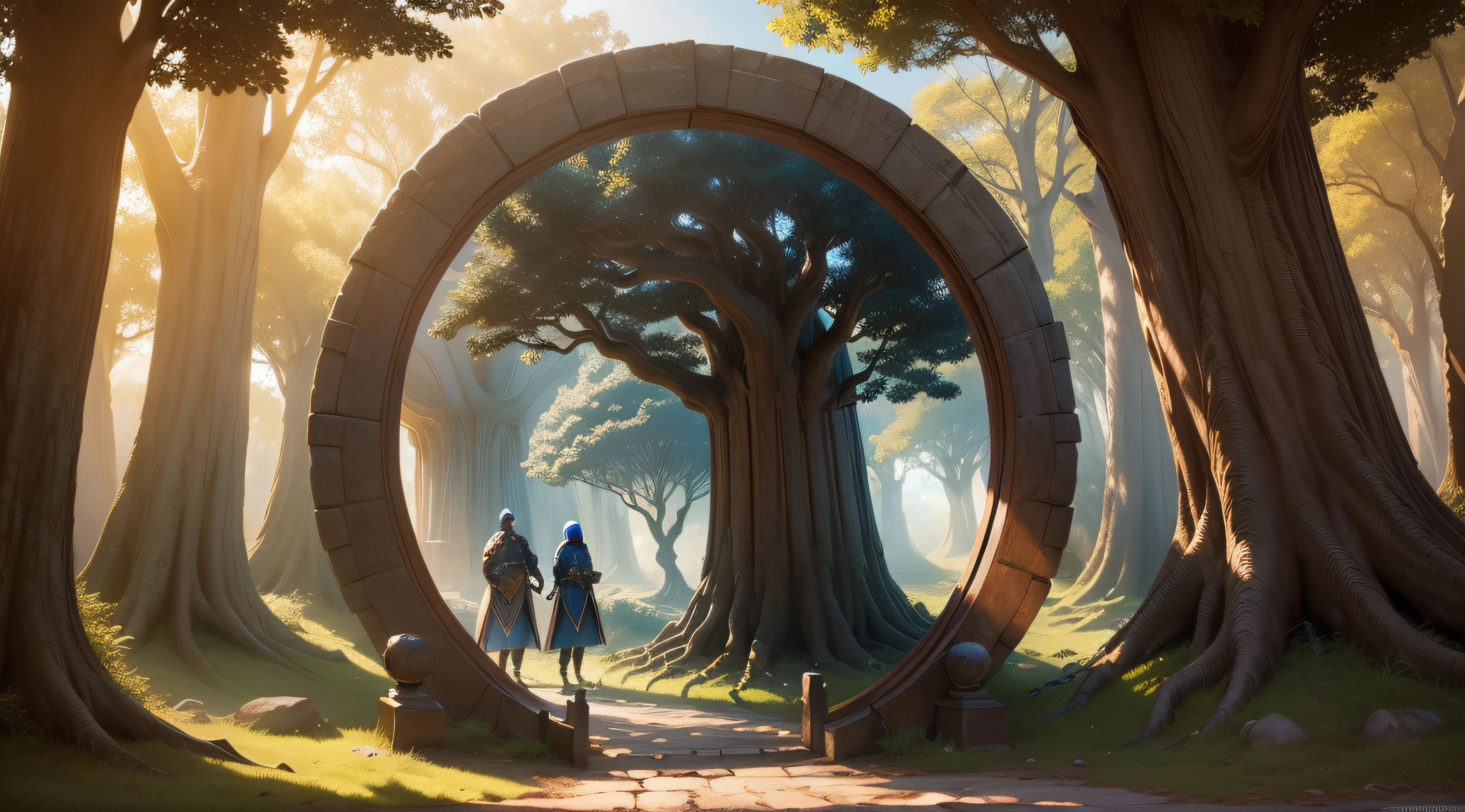 (time travel tree portal:1.4), The dragon blood trees, small historical remains, small pilgrim, deer sigouette, sensual, fantasy art, epic fantasy digital art style, 4k fantasy art, front light, afternoon, warm light, sun rays, blue sky