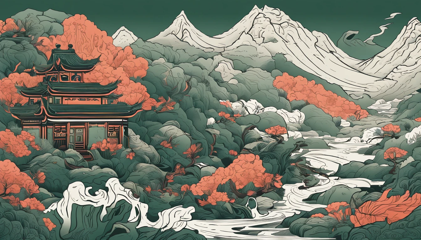 Mountain and Sea Lark Scroll,There are mountains and water in the picture,rios、grassy fields、Sun,Shirasawa、fenghuang、Green Dragon、Xuanwu and many other ancient divine beasts are haunted,Epic composition,shadowing,National style,Dark green tones