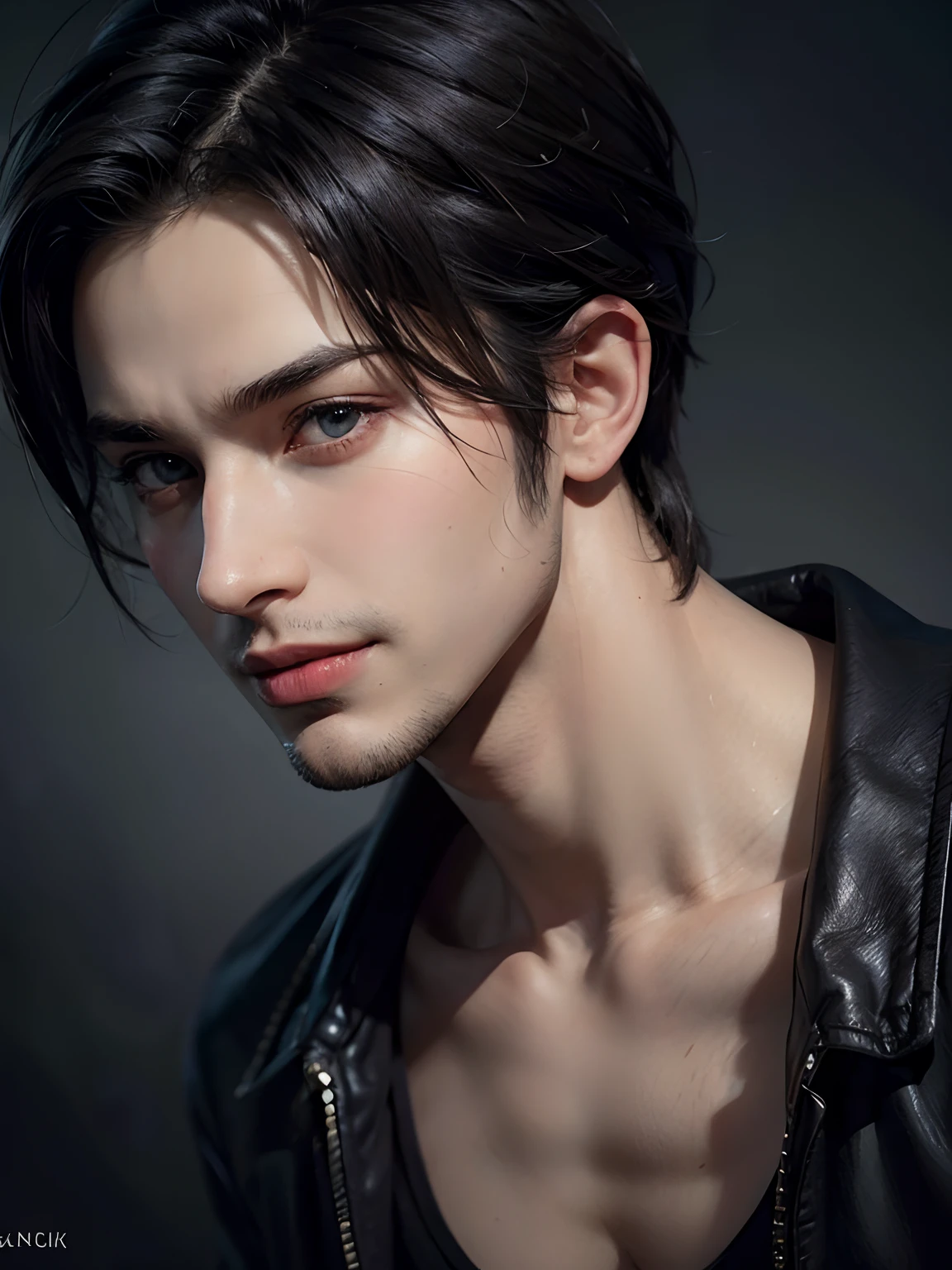 (close up)1man, smirking and grin, malicious, and handsome young man, solo focus, masculine, young adult face, black short hair, black shirt, dark atmosphere, realistic, dynamic pose realistic, detailed and correct facial structure, LEON S. KENNEDY, handsome, attractive, slightly muscular, cinematic lighting, unreal engine, trending on ArtStation, intricate details,  masterpiece, best quality, by Irakli Nadar, Greg Rutkowski，(((best quality))),(((ultra detailed))),(((masterpiece)))