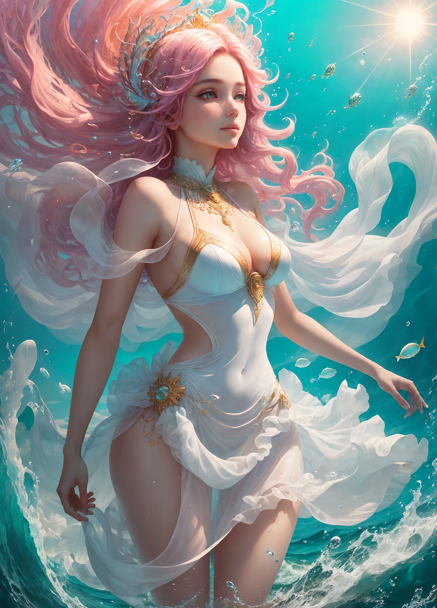 A beautiful woman floating on the sea like a god, the goddess of the sea, the light of the gods, mystics, fantasies, magical photography, magic, white transparent tight dresses, details in the sunlight, spirituality, a woman with white skin, pink body skin, beautiful clear seawater, sparkling fish jumping, surreal images, hair in the wind, psychedelic colors, beautiful realistic sunshine, conceptual art, Great composition, best quality, intricate details, golden moments, wonderful, mysterious --auto --s2