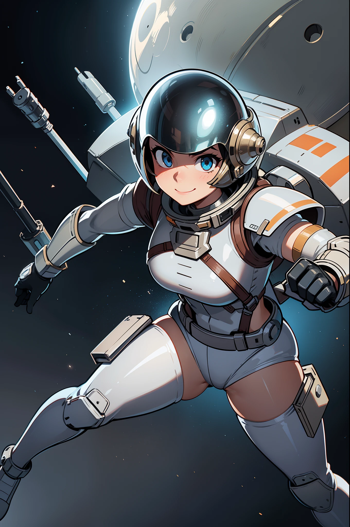 professional artwork, detailed eyes, beautiful eyes, thick thighs, breasts, beautiful face, flawless face, gorgeous face, smooth features, blush, short hair, beautifully detailed background, adventurous astronaut knight in bulky armored space suit, space suit looks like knight armor, space suit, thick heavy space suit, environment suit, hoses and tubes on suit, dials and switches, space suit backpack, nasa, nasa punk, nasapunk, astronaut, astronaut suit, cosmonaut, medieval knight, knight armor, leather armor and metal armor, mechanical background, sci fi, science fiction, futuristic, fantasy armor, full plate armor, medieval armor, knight helmet, knight visor, grilled faceplate, large helmet, big helmet, heavy collar, vacuum seal ring around neck, life support systems, rustic material, heavy stitching, thick leathers, armored breastplate, armored chest, leather gloves, rustic craftsmanship, adventurous, adventure, cute, smiling, shoulder pads, armor, white and orange outfit, heraldry, helmet on head, cassette futurism, gloved hands, bulky space suit, bulky suit, tubes and hoses, valves, mechanical, sword and shield, neon light, neon glow, neon, cuirass, pauldrons, chest armor, heavy metal chest armor, beam sword, plasma sword, light saber, knight, dome helmet