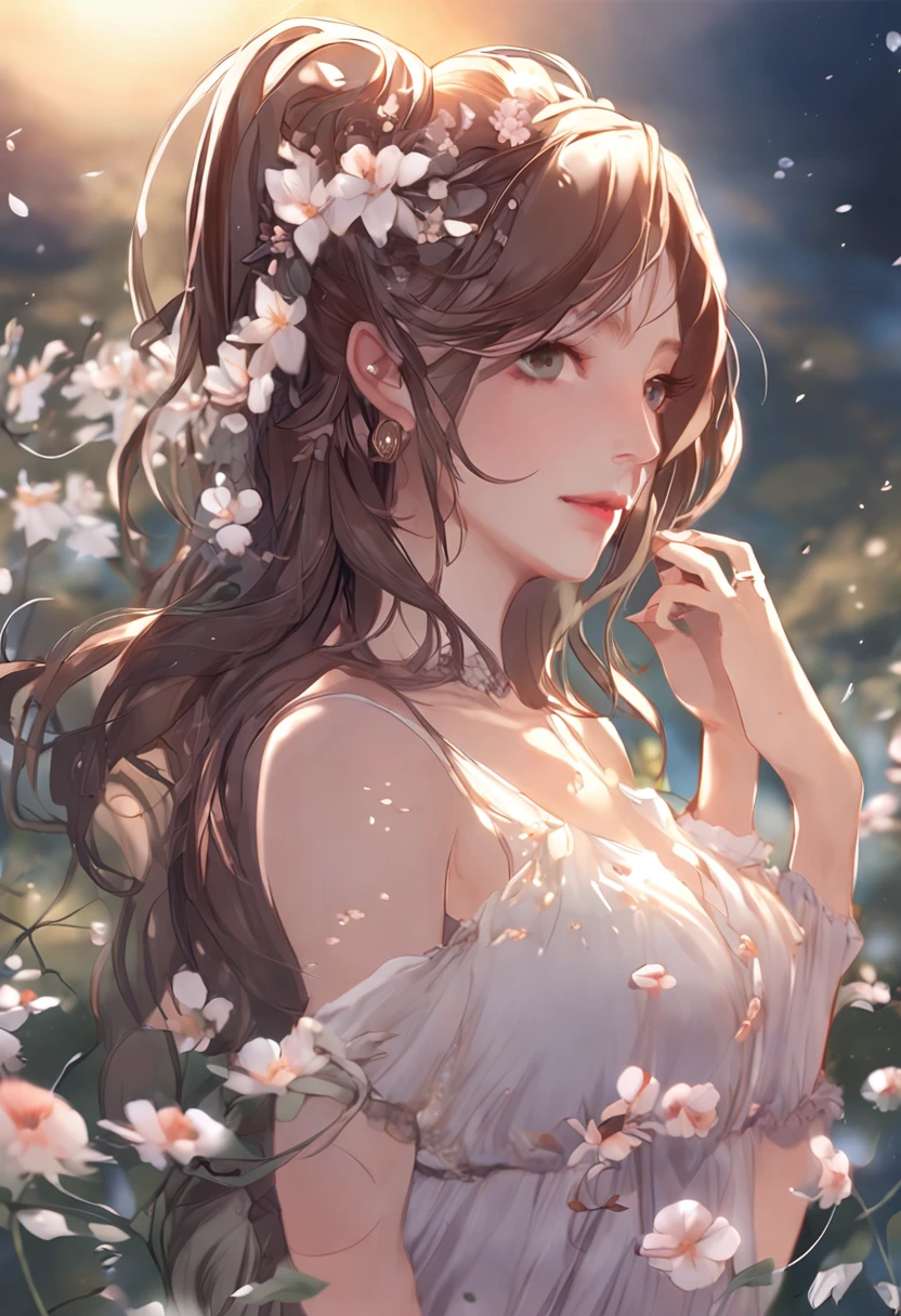 Girl with long hair and flowers in her hair, Pictures of realistic and cute women, beautiful gorgeous digital art, beautiful fantasy art portrait, Beautiful anime girl, a girl with long hair, Anime Girl with Long Hair, beautiful digital painting, Beautiful digital art, beautiful anime woman, Gorgeous Digital Painting, Elf long woven brown hair, Beautiful Anime Portrait, gorgeous digital art, brown flowing hair、pink  dress、((1人の女性)), (nsfw:1.2), (Highly detailed CG Unity 8k wallpapers), (​masterpiece), (top-quality), (ultra-detailliert), (The best illustrations), (Best Shadows), (realisitic), (PureErosFace_V1:0.5), lensflare, (depth of fields), (natural soft light), 超A high resolution, (eye detailed), A charming smile, (brunette) , (((Transparent Sexy Night Dress))), (exposed breast), 26 year old、(((In the pond in the night sky)))、