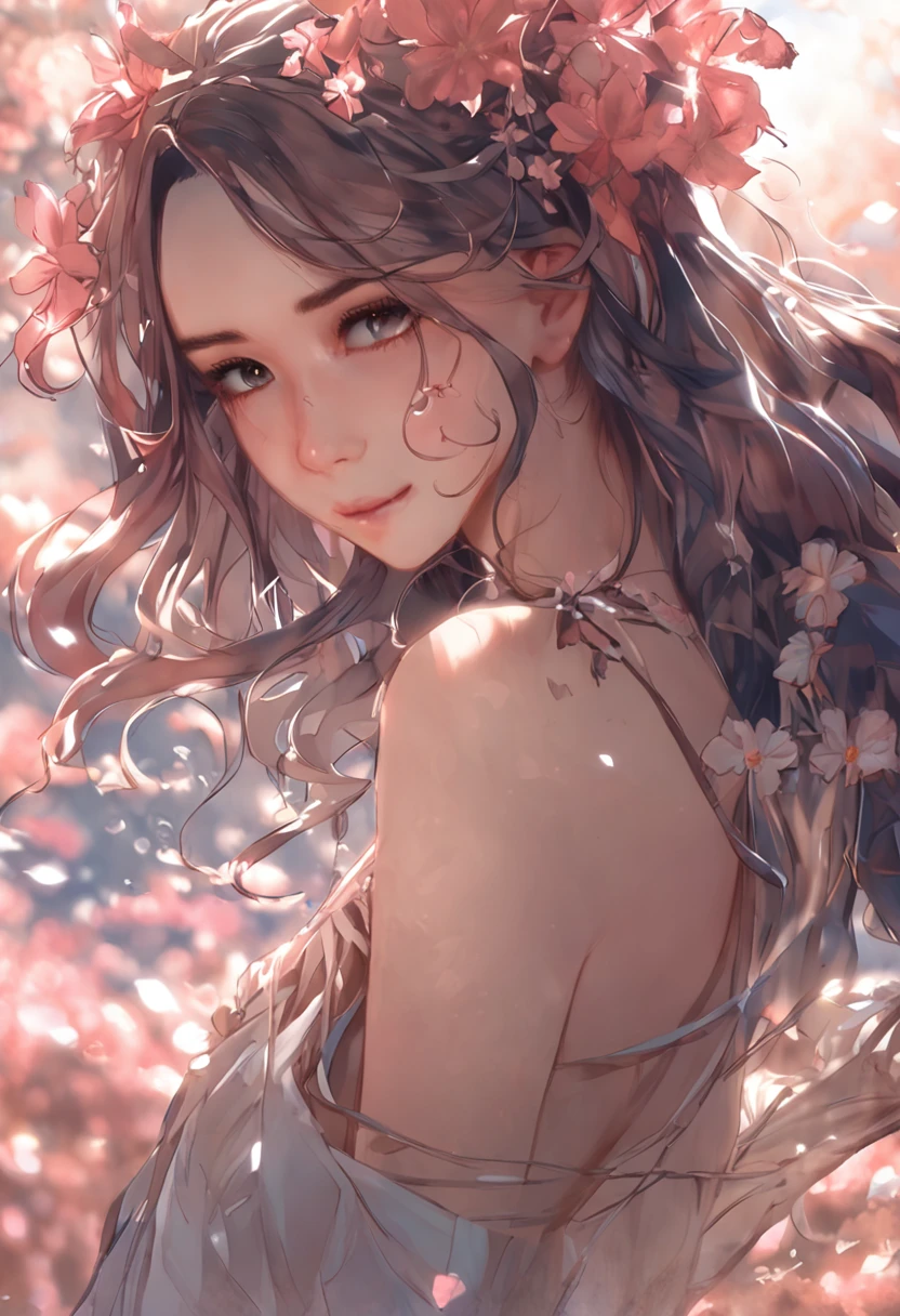 Girl with long hair and flowers in her hair, Pictures of realistic and cute women, beautiful gorgeous digital art, beautiful fantasy art portrait, Beautiful anime girl, a girl with long hair, Anime Girl with Long Hair, beautiful digital painting, Beautiful digital art, beautiful anime woman, Gorgeous Digital Painting, Elf long woven brown hair, Beautiful Anime Portrait, gorgeous digital art, brown flowing hair、pink dress、((1人の女性)), (nsfw:1.2), (Highly detailed CG Unity 8k wallpapers), (masterpiece), (top-quality), (ultra-detailliert), (The best illustrations), (Best Shadows), (realisitic), (PureErosFace_V1:0.5), lensflare, (depth of fields), (natural soft light), 超A high resolution, (eye detailed), A charming smile, (brunette) , (((Transparent Sexy Night Dress))), (exposed breast), 26 year old、(((In the pond in the night sky)))、