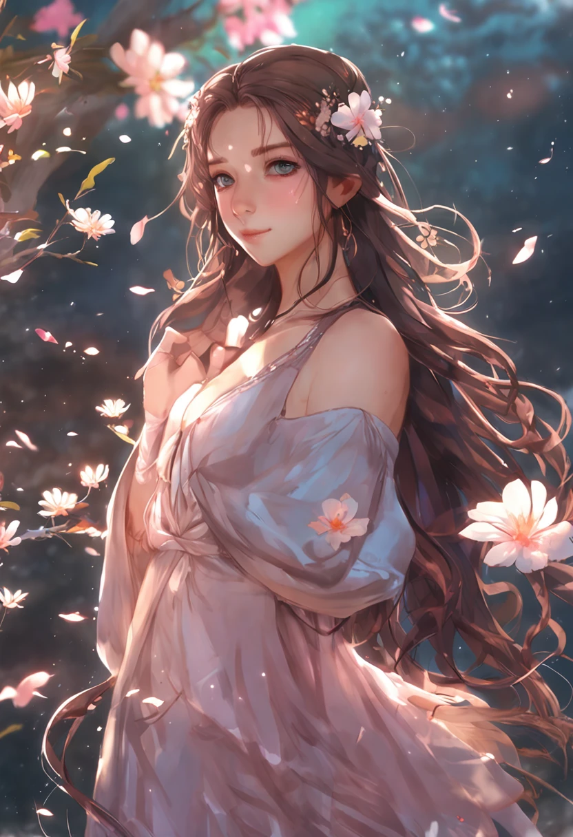 Girl with long hair and flowers in her hair, Pictures of realistic and cute women, beautiful gorgeous digital art, beautiful fantasy art portrait, Beautiful anime girl, a girl with long hair, Anime Girl with Long Hair, beautiful digital painting, Beautiful digital art, beautiful anime woman, Gorgeous Digital Painting, Elf long woven brown hair, Beautiful Anime Portrait, gorgeous digital art, brown flowing hair、pink dress、((1人の女性)), (nsfw:1.2), (Highly detailed CG Unity 8k wallpapers), (masterpiece), (top-quality), (ultra-detailliert), (The best illustrations), (Best Shadows), (realisitic), (PureErosFace_V1:0.5), lensflare, (depth of fields), (natural soft light), 超A high resolution, (eye detailed), A charming smile, (brunette) , (((Transparent Sexy Night Dress))), (exposed breast), 26 year old、(((In the pond in the night sky)))、
