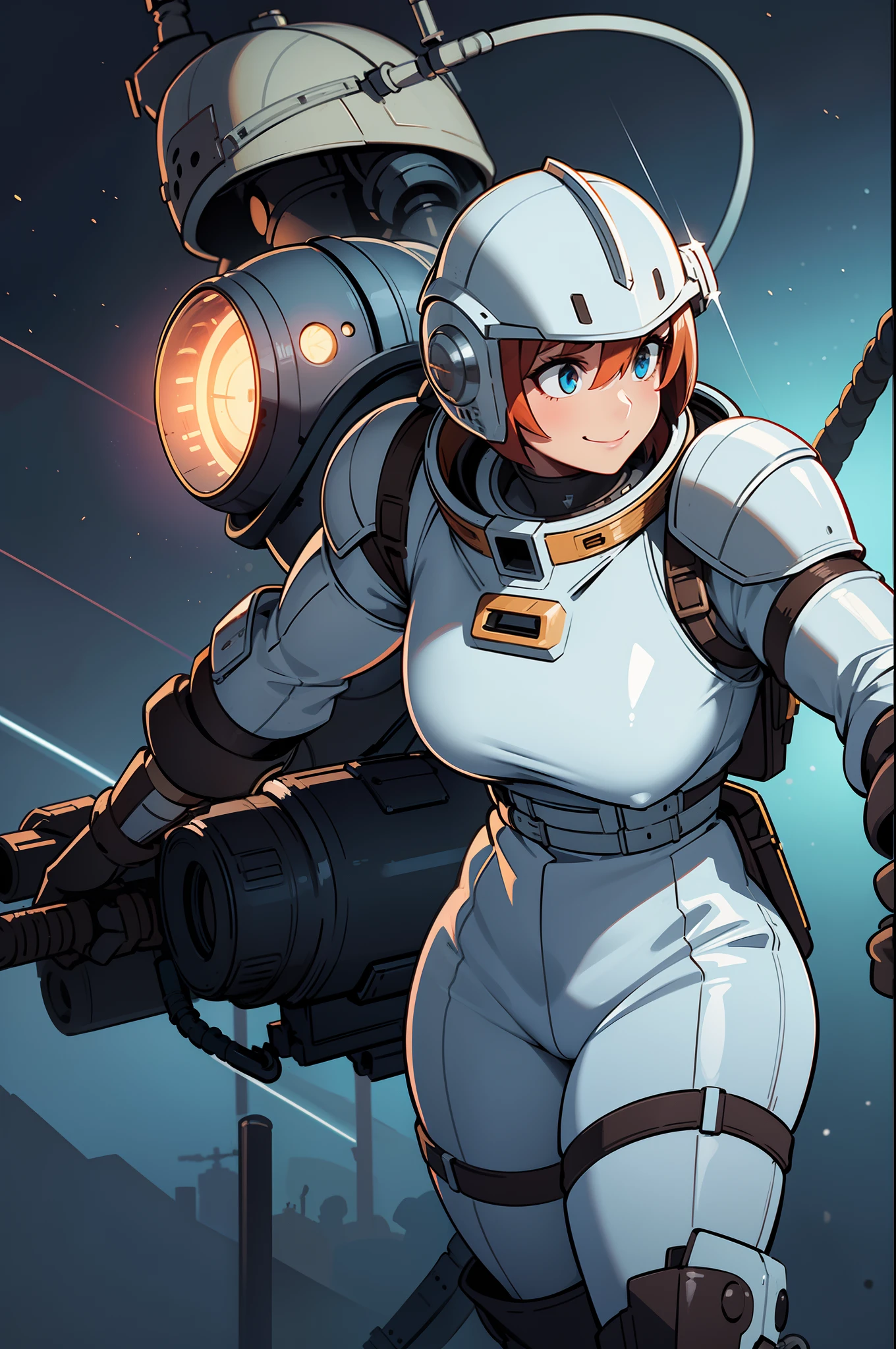 professional artwork, detailed eyes, beautiful eyes, thick thighs, breasts, beautiful face, flawless face, gorgeous face, smooth features, blush, short hair, beautifully detailed background, adventurous astronaut knight in bulky armored space suit, space suit looks like knight armor, space suit, thick heavy space suit, environment suit, hoses and tubes on suit, dials and switches, space suit backpack, nasa, nasa punk, nasapunk, astronaut, astronaut suit, cosmonaut, medieval knight, knight armor, leather armor and metal armor, mechanical background, sci fi, science fiction, futuristic, fantasy armor, full plate armor, medieval armor, knight helmet, knight visor, grilled faceplate, large helmet, big helmet, heavy collar, vacuum seal ring around neck, life support systems, rustic material, heavy stitching, thick leathers, armored breastplate, armored chest, leather gloves, rustic craftsmanship, adventurous, adventure, cute, smiling, shoulder pads, armor, white and orange outfit, heraldry, helmet on head, cassette futurism, gloved hands, bulky space suit, bulky suit, tubes and hoses, valves, mechanical, sword and shield, neon light, neon glow, neon, cuirass, pauldrons, chest armor, heavy metal chest armor, beam sword, plasma sword, light saber, knight, dome helmet