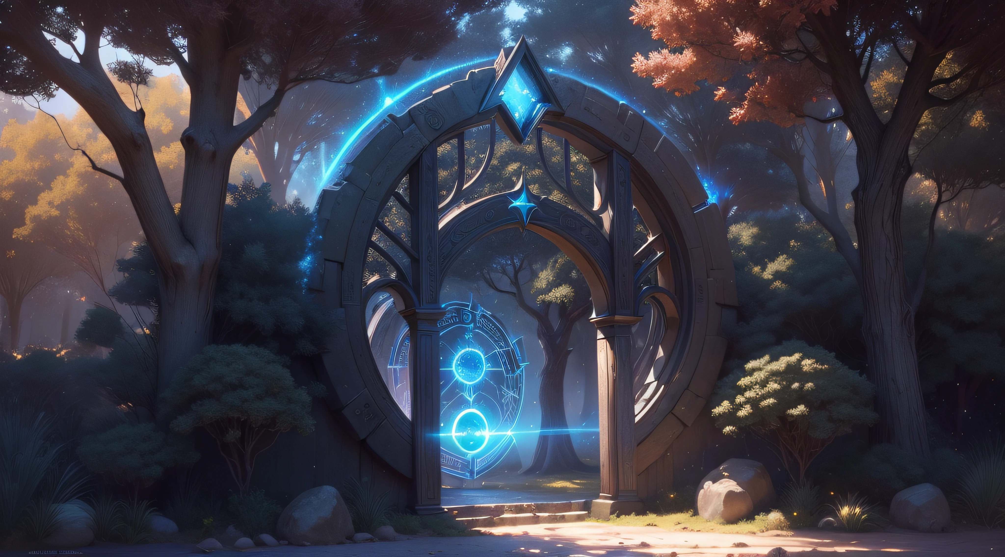 (star gate portal:1.4), sparkling light, The dragon blood trees, small historical remains, smal pilgrim, deer sigouette, sensual, fantasy art, epic fantasy digital art style, 4k fantasy art, front light, afternoon, warm light, sun rays, blue sky