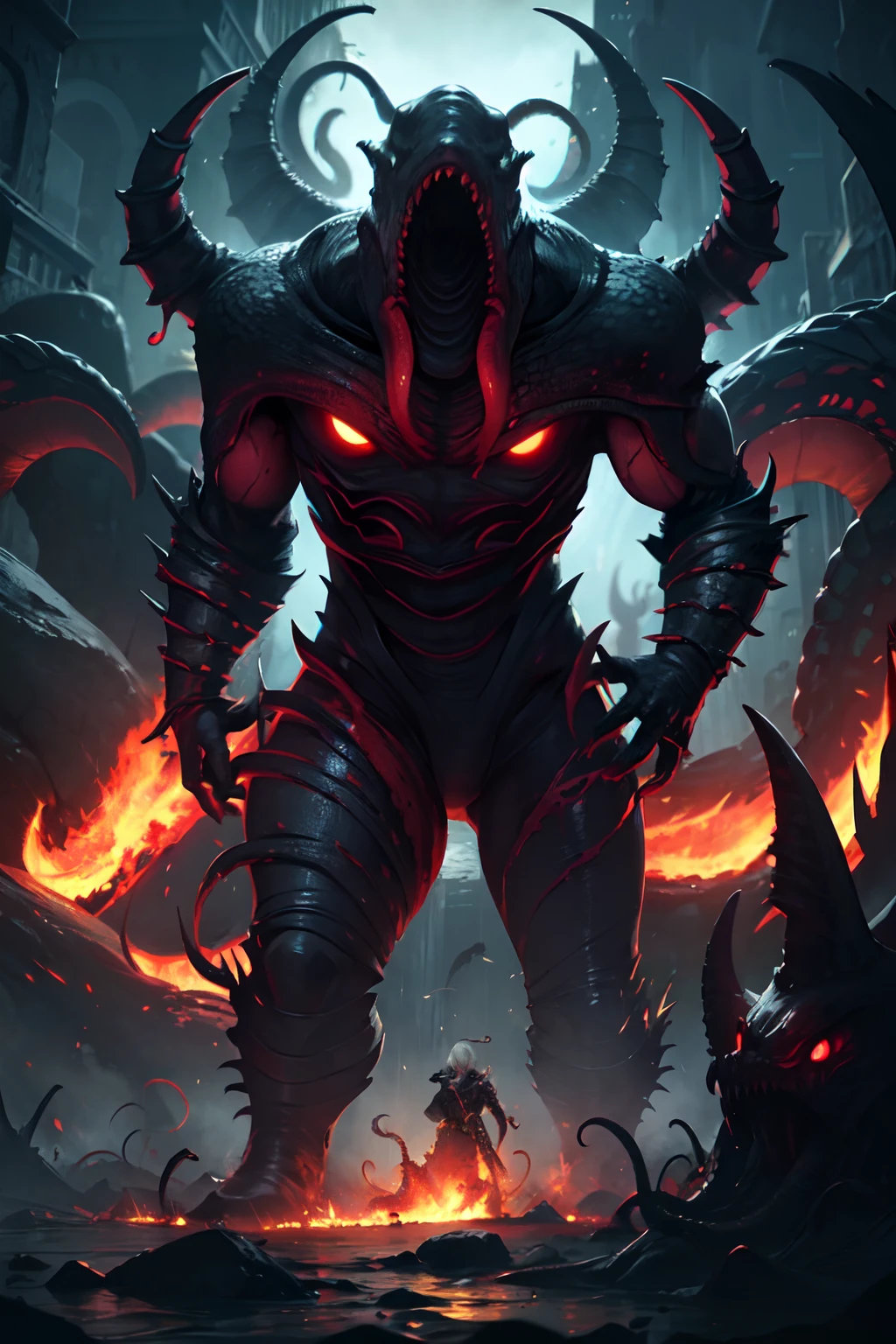 8K, Super detail, ccurate, Best quality, Masterpiece, Super detail, High details, High quality, Best quality, A high resolution
，nigth，darkly，raiden，Cthulhu,Grotesque，Monster,carrion，tentaculata，floating in air，Black alpine，firestorm，swirles