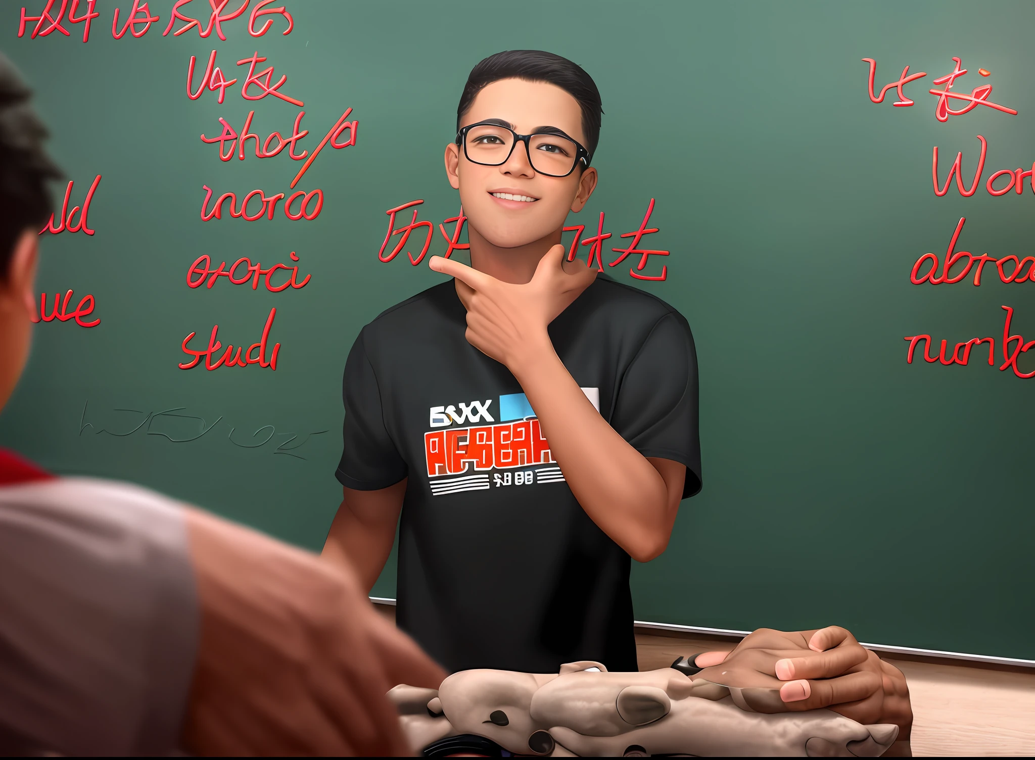 In front of the blackboard stood a boy,Point to his hand with a gesture,Standing behind the podium is the blackboard,He smiled,Expose front teeth,Glasses looking at the lens,Happy mood,Flat hairstyle,Confident boy,high school senior,Close-up: On the left is a book, On the right is a school bag