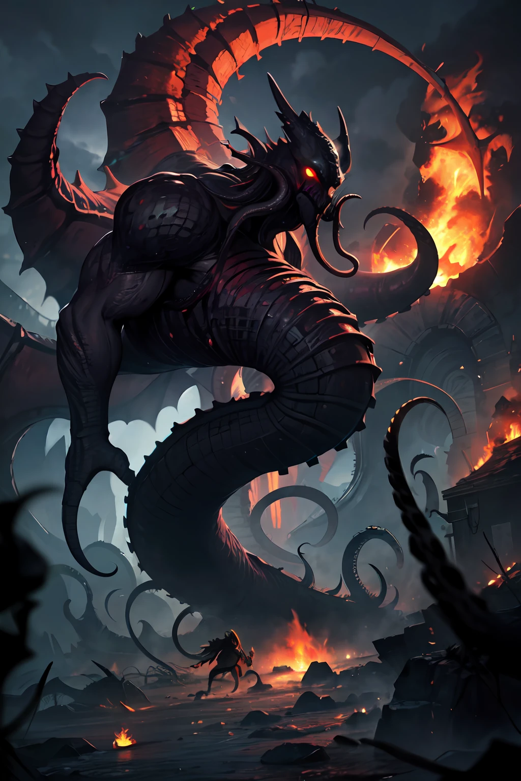 8K, Super detail, ccurate, Best quality, Masterpiece, Super detail, High details, High quality, Best quality, A high resolution
，nigth，darkly，raiden，Cthulhu,Grotesque，Monster,carrion，tentaculata，floating in air，Black alpine，firestorm，swirles