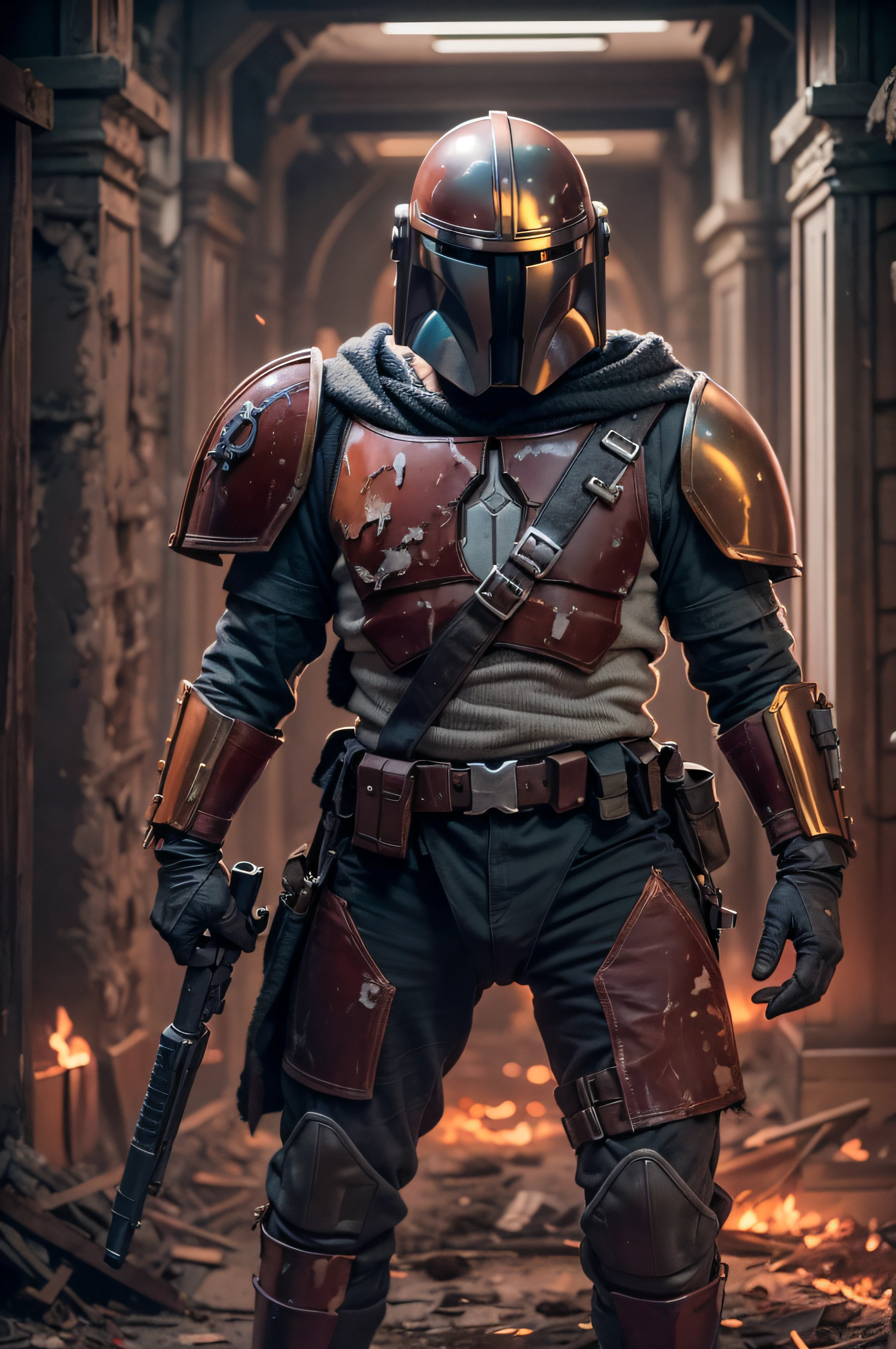 A haunting scene of a mandalorian with a golden armor| golden armor(glowing eyes:1.2)| Staggering through a dark| abandoned Imperial base| (shadows:1.1) lurking in corners| Tattered remains of once pristine doodles armor| ansious atmosphere| (4k)| (8k)| Gruesome details| unsettling| cinematic| mysterious| captivating| ansious| post a war|on the armor full of blood