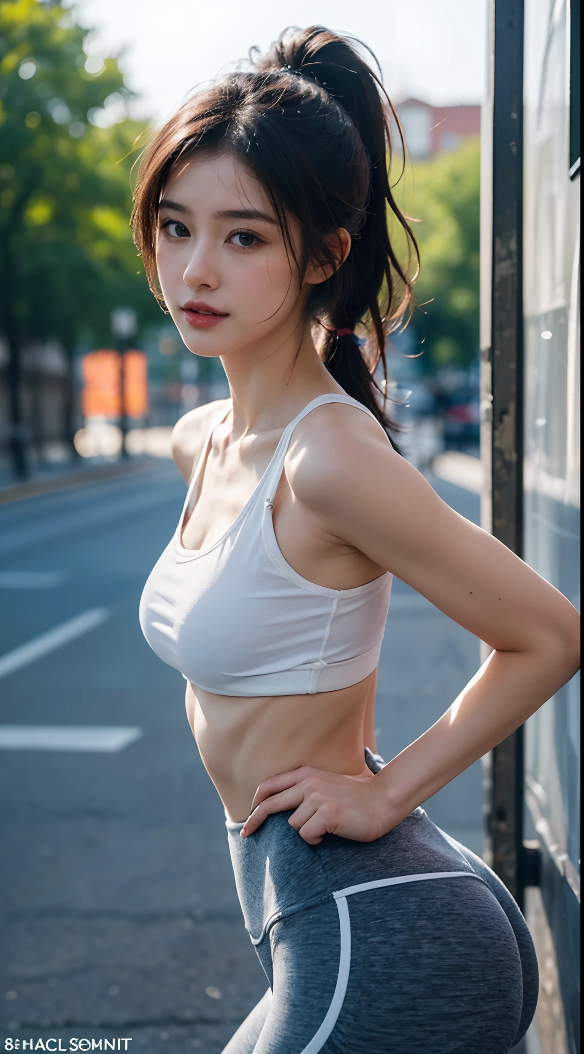 ((Realistic lighting, Best quality, 8K, Masterpiece: 1.3)), Clear focus: 1.2, 1girl, Perfect Figure: 1.4, Slim Abs: 1.1, ((Dark brown hair)), (White crop top: 1.4), (Outdoor, Night: 1.1), City streets, Super fine face, Fine eyes, Double eyelids,