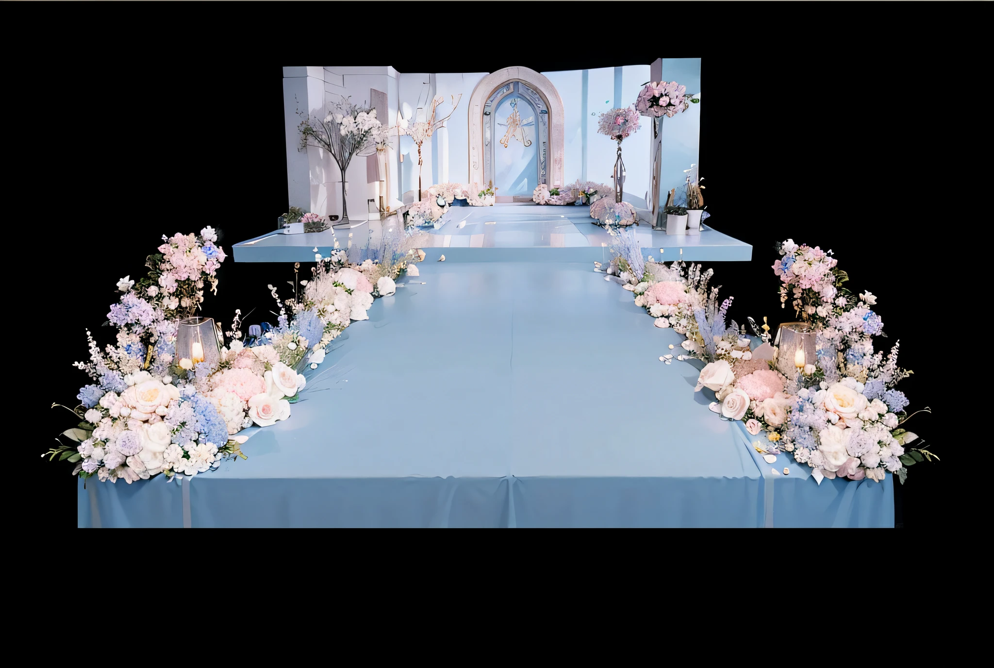opulent ,Beautiful rendering,hyper HD,Hyper-realistic,,French wedding scene,CG rendering,lavishly decorated,enscape render,,Luxurious crystal ceiling,Wedding,opulent,high qulity,with details,Oil painting feeling,florals,Powder blue color scheme,No characters