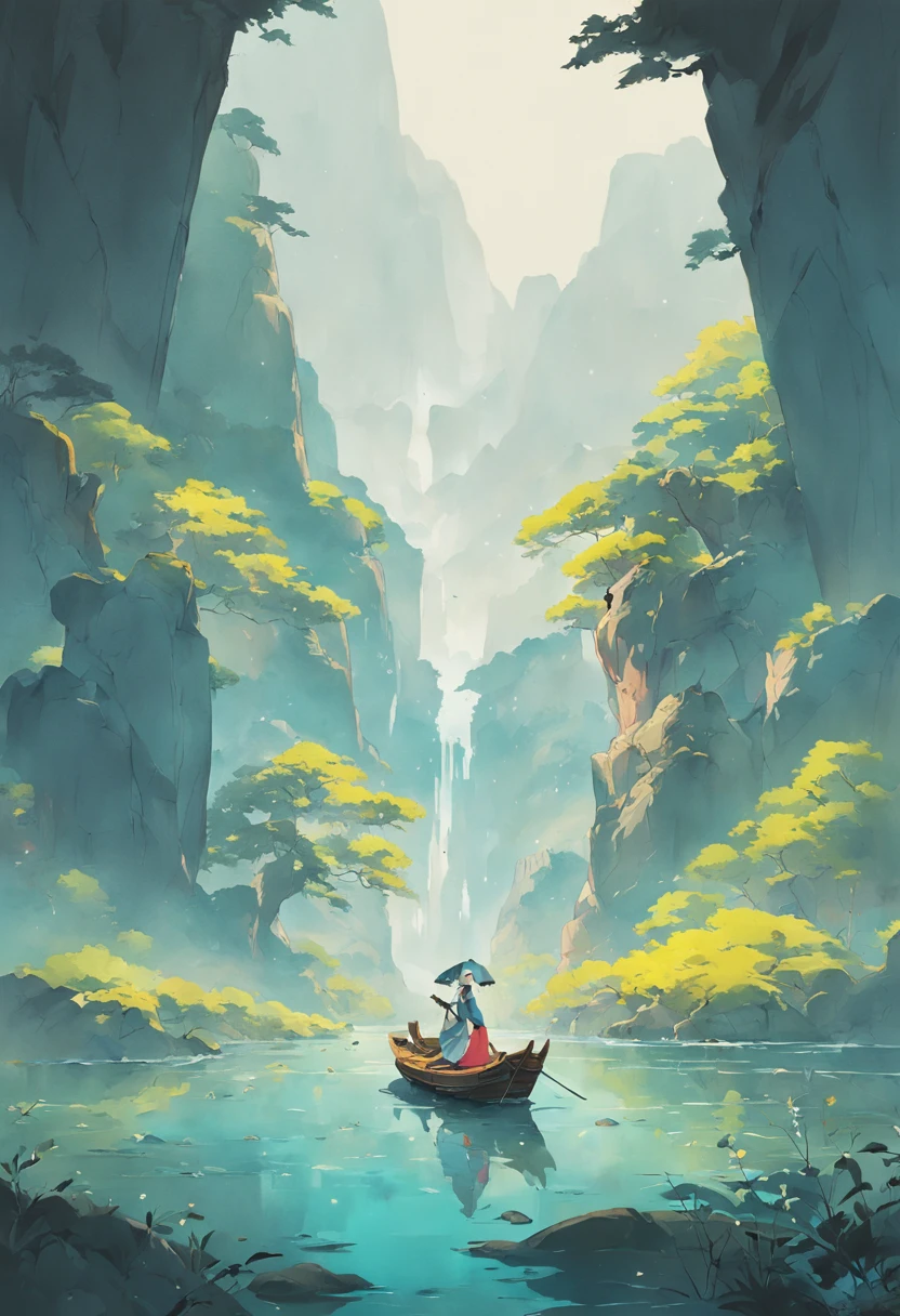 painting of a mountain landscape with a lake and a boat, illustration matte painting, by Li Tiefu, artwork in the style of z.w. gu, chinese surrealism, chinese landscape, inspired by Kanō Naizen, chinese style painting, symmetric matte painting, Constructivism, Suprematism