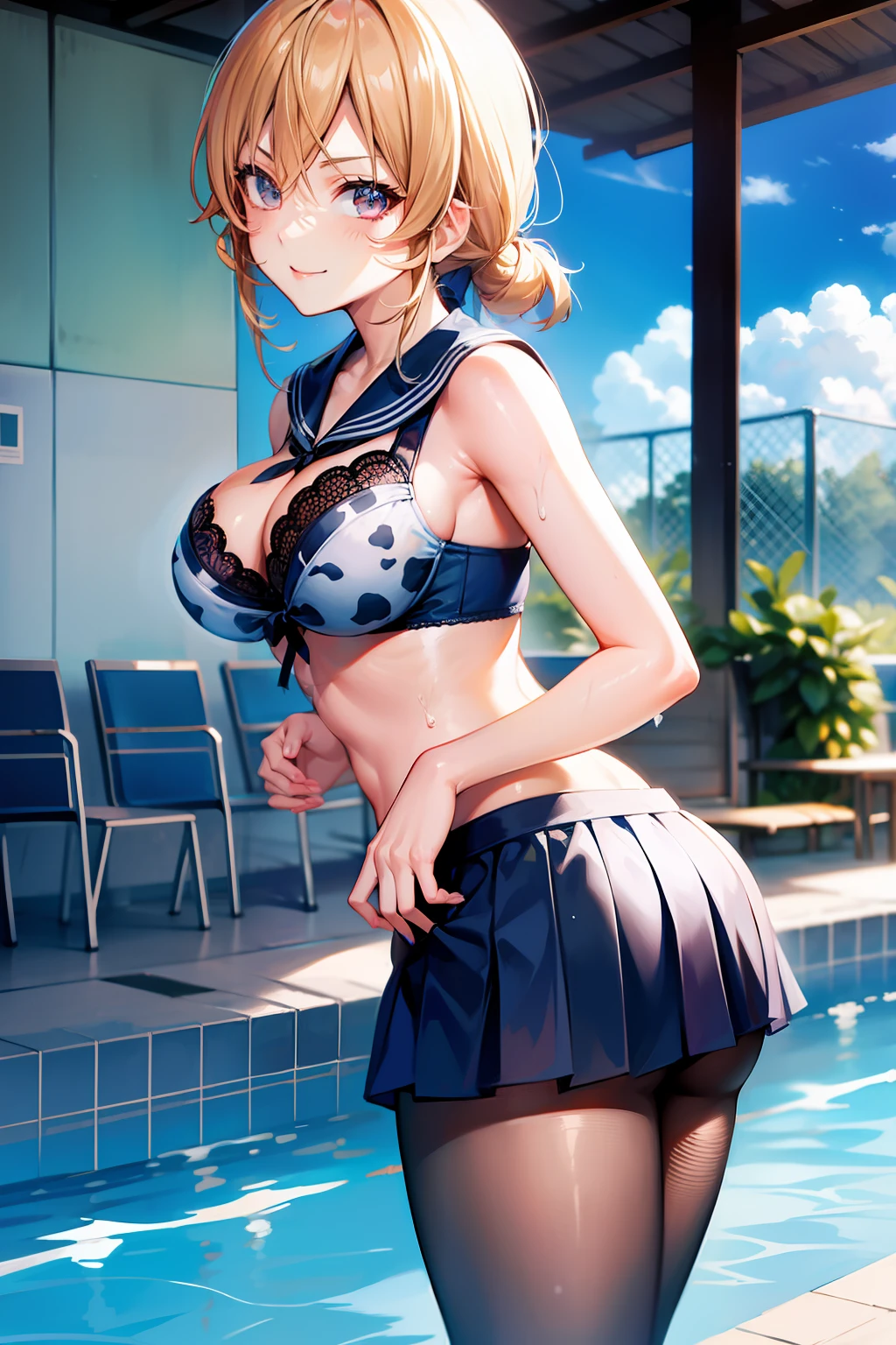 Erina Nakiri、Colossal tits、white  hair、A smile、Wet light blue color sailor suit　a miniskirt、Cow print bra、Standing backwards、in poolside、Black lace fishnet stockings