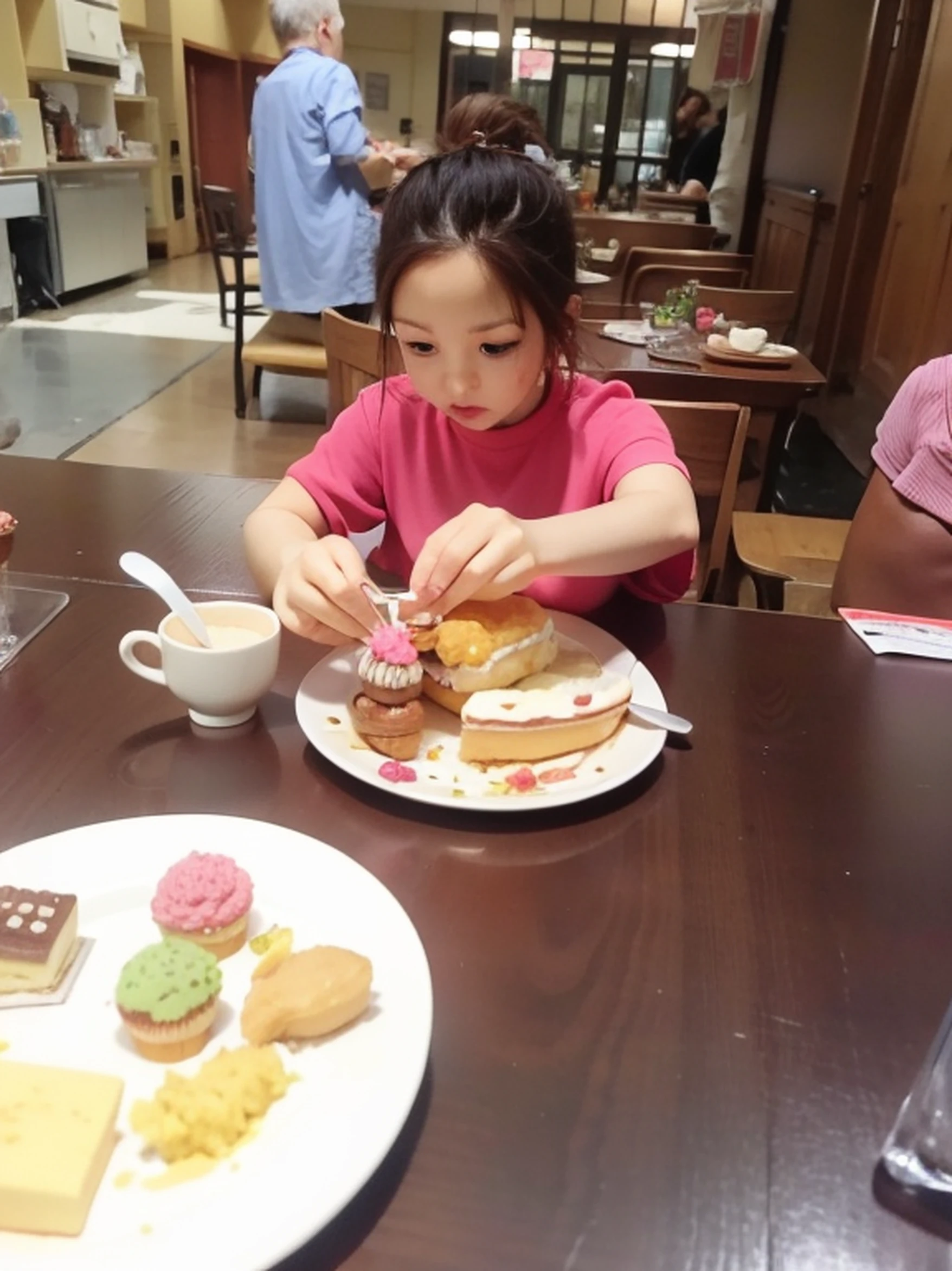 There was a little girl sitting at the table，Carrying a plate of food, eating a cake, delicacy, ???, closeup at the food, Cupcakes, Gamine, Cake in hand, kiddy big breasts, Eating, Grand!, captured with sony a3 camera, abcdefghijklmnopqrstuvwxyz, birthday, mmmmm
