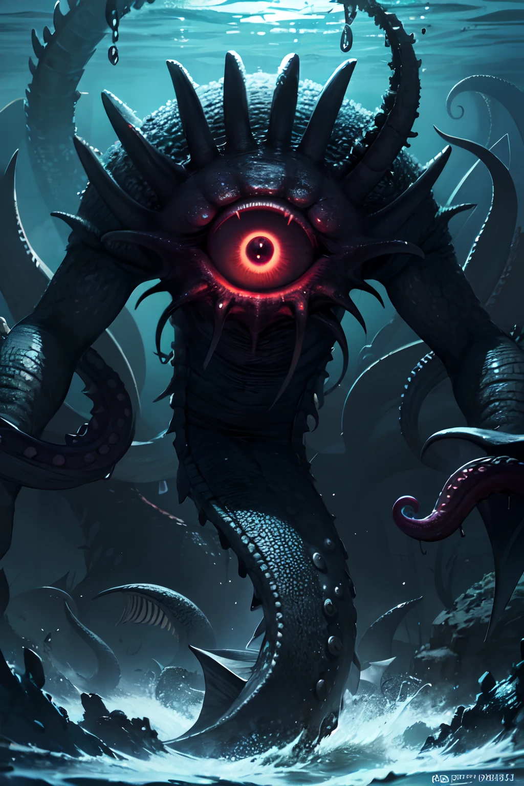 8K, Super detail, ccurate, Best quality, Masterpiece, Super detail, High details, High quality, Best quality, A high resolution
,nigth,darkly,raiden,Cthulhu,Monster,Fish,tentaculata,The whole body is the eyeball,Black seawater,Recife,swell sea