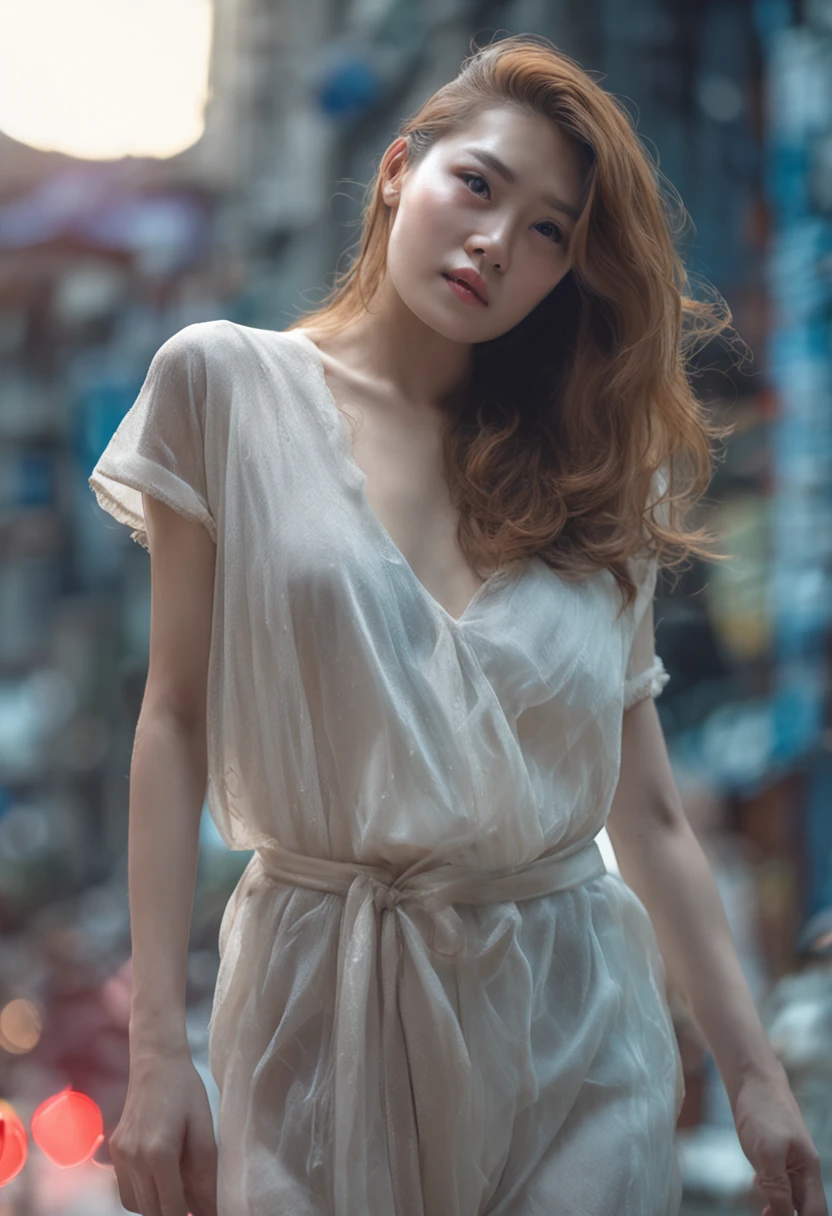 A girl standing in the park at night，Clear sky in the background. Park benches and soft lighting, Rear photo, (Side photography), looking back at the viewer, (Masterpiece), ((Ultra-detailed)), (Highly detailed), (Expressionless), (Best quality: 1.2), 8K, hdr, A high resolution, absurderes: 1.2, Object perspective, Blurred background, Bokeh: 1.1, Lens flare, (vivd colour: 1.2), High quality texture, Detailed texture, High-quality lighting and shadows, a face with perfect proportion, full bodyesbian, Mature and excited body, Detailed skin texture, vibrant, pale and radiant skin, natural saggy breasts, gigantic bosom: 1.5, High waist, Narrow waist: 1.3, Wide hips, Full buttocks, Detailed beautiful face, (PureErosFace_V1:1.3)(Ulzzang-6500:0.4) Detailed beautiful eyes, Symmetrical eyes, Perfect eyes, Seductive eyes, Beautiful nose, High nose, Clear blush, Detailed lips, Earrings, hoop earings, necklace, jewelry, Sapphire heart necklace, Silver-toned high-heeled sandals, Seductive expression, Smile, Perfect hands, Delicate and beautiful fingers, Detailed beautiful legs, photo-realistic hair, detailed hairs, (Silver dress, Red dress, Blue dress), Chisato Nishiki, Long hair, Blonde hair, (Red eyes: 1.5), Hair ribbon, Bob cut, Red hair ribbon,)，gigantic cleavage breasts，Japan goddess，