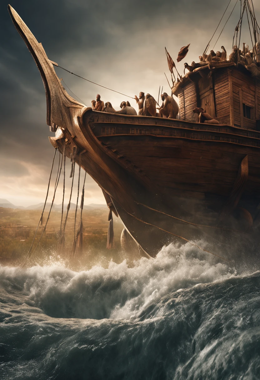 Noah's ark, endless flood water, ancient ark of Noah, accurate, detailed, 8k