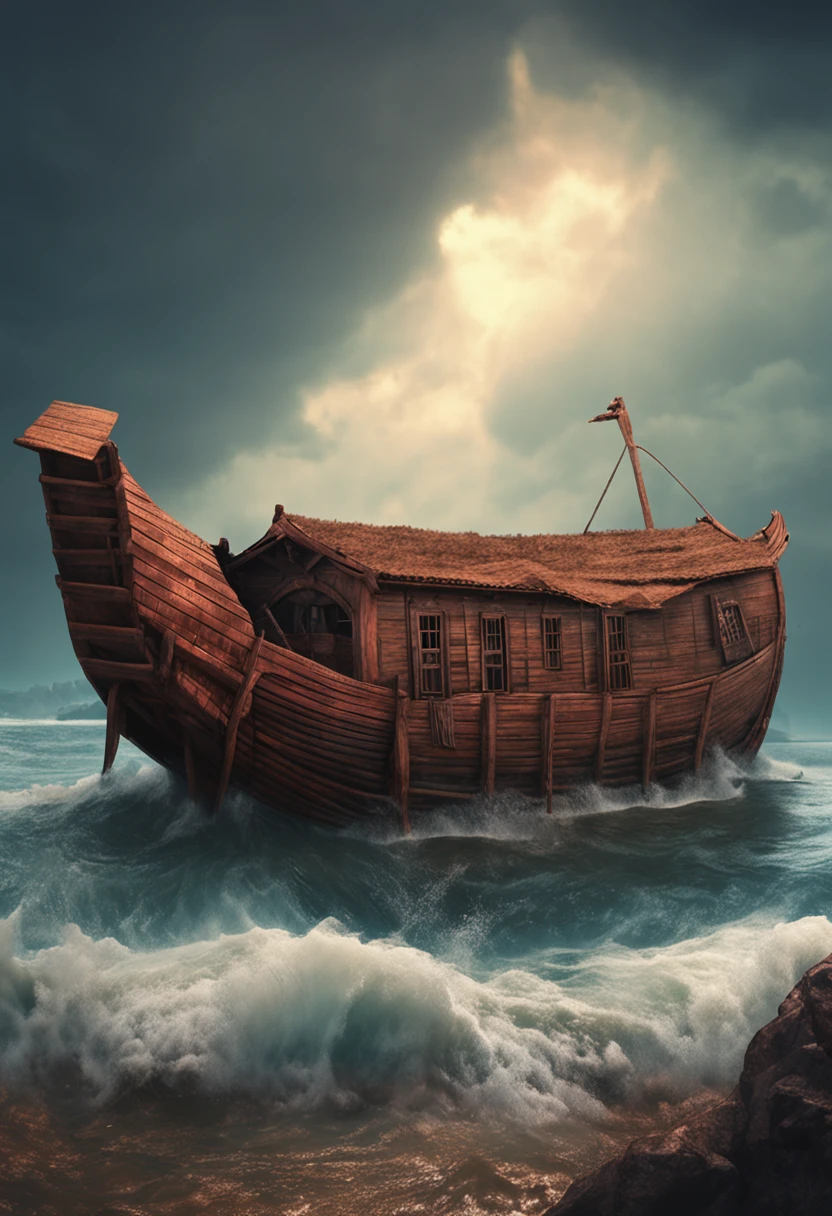 Noah's ark, endless flood water, ancient ark of Noah, accurate, detailed, 8k