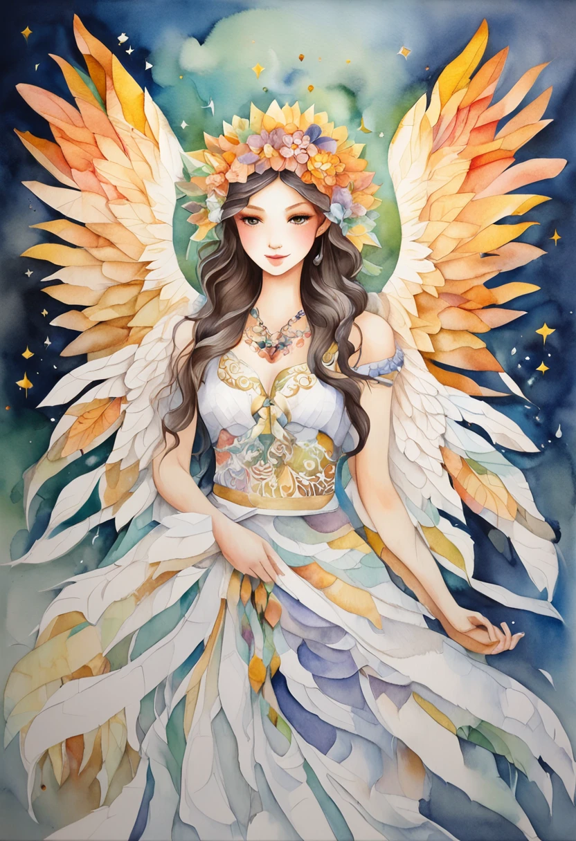(FULL BODYSHOT:1.4), White background, (Angel Girl、1人,Glowing wings, Halo, Exquisite headdress, ssmile), (paper art, Quilted Paper Art, Geometry), highly colorful