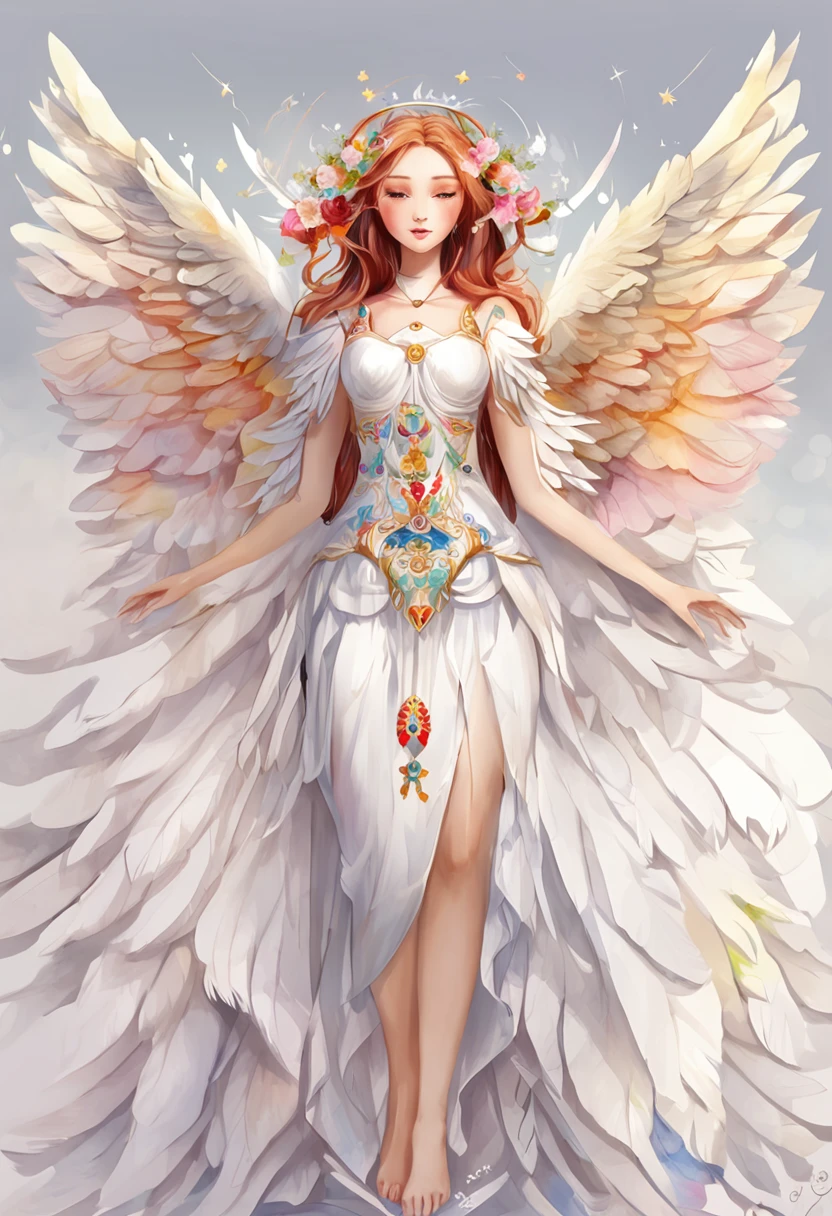 (FULL BODYSHOT:1.4),  White background, (Angel Girl、1人,Glowing wings, Halo, Exquisite headdress, ssmile), (paper art, Quilted Paper Art, Geometry), highly colorful