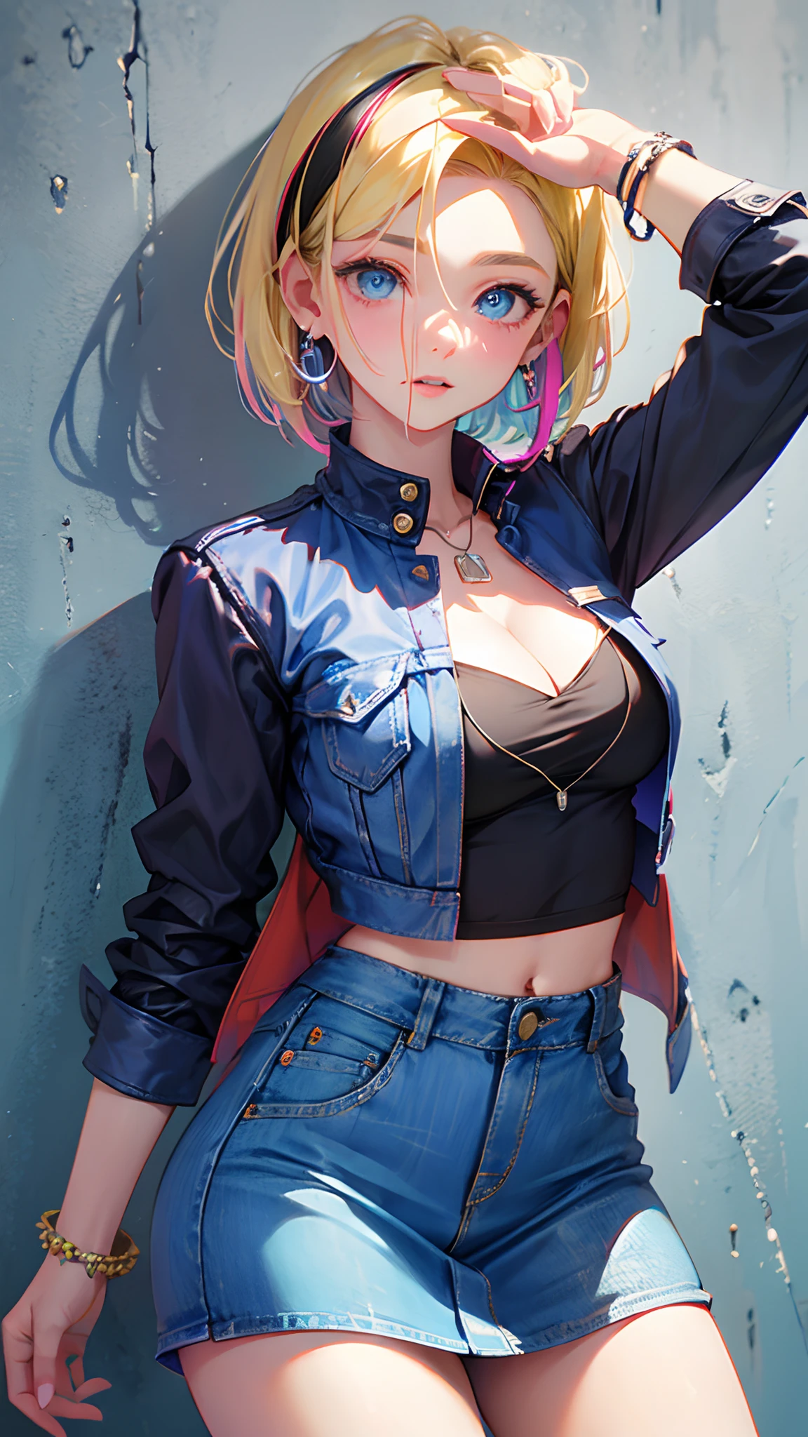 Android 18, Blonde hair, Blue eyes, eyeslashes, hoop earings, Short hair, earring
bring, black sock, Black shirt, breast pocket, cleavage, 鎖骨, Denim, Denim skirt, high waisted skirt, jewelry, Long sleeves, Pocket, shirt, shirt tucked in, Skirt, streaked, Striped sleeves, waistcoat,