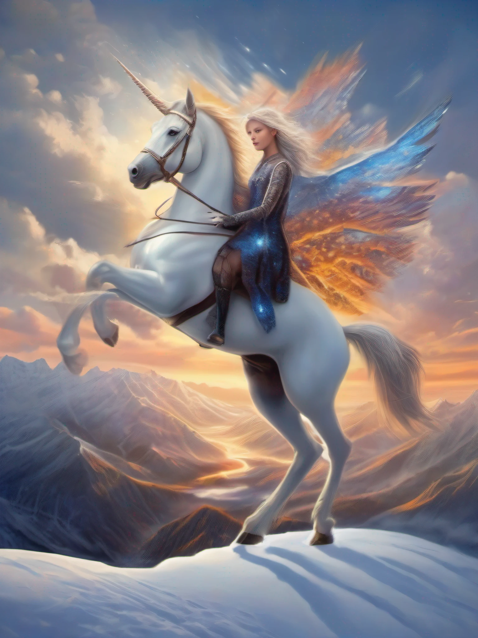 (Best Quality, Masterpiece: 1.1), (Realistic: 1.4), Beautiful girl on unicorn flying in the sky, god ray ,, silver short hair, blue eyes, over the snow mountain, fractal art, fire