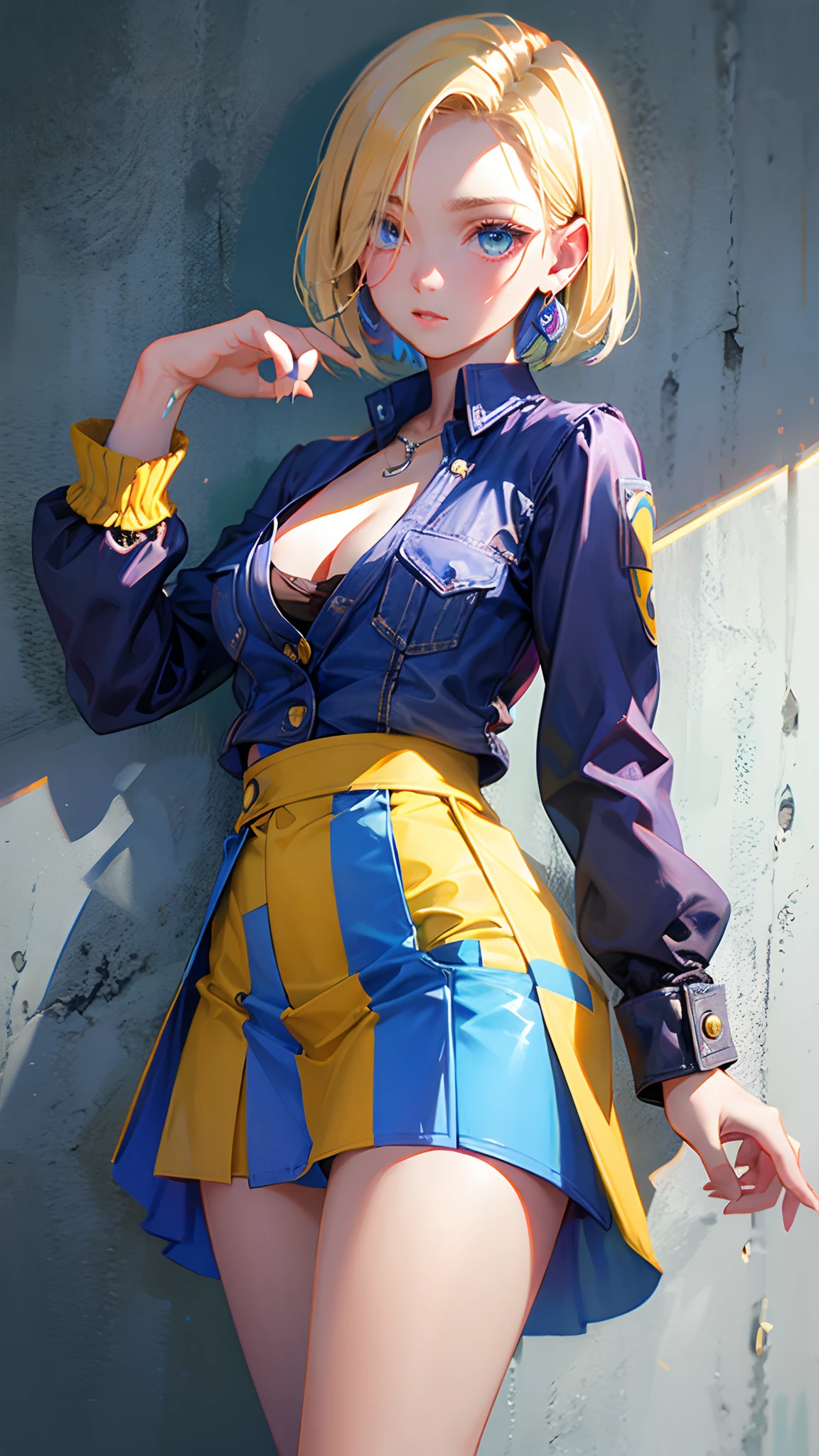 Android 18, Blonde hair, Blue eyes, eyeslashes, hoop earings, Short hair, earring
bring, black sock, Black shirt, breast pocket, cleavage, 鎖骨, Denim, Denim skirt, high waisted skirt, jewelry, Long sleeves, Pocket, shirt, shirt tucked in, Skirt, streaked, Striped sleeves, waistcoat,
